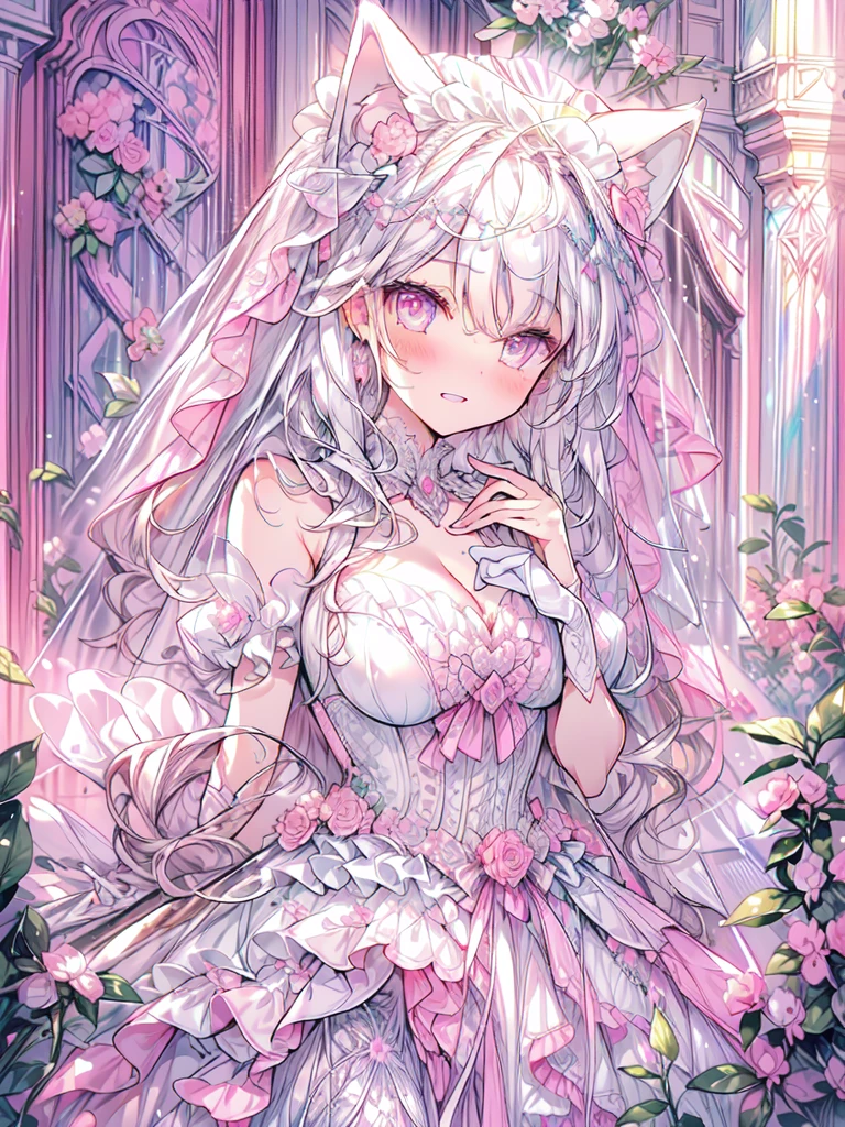 full dress shot, shot from above, full-body illustration, (((full body, depicts whole body, full body portrait, whole body))), portrait, 1girl, solo, beautiful gorgeous captivating cute adorable princess, (white_cat_ears:1.5), looking at viewer, cute blush, (blushing:1.5), heavy blush, (pink eyes:1.5) , (((hyper detail delicate beautiful eyes , big eyes, clear eyes, extremely detailed))), (soft thin lines:1.2, beautiful, delicate and pretty face, young face, smiling), ((large amount of straight hair, extremely voluminous very long hair, absolutely long straight hair)), (white hair:1.5), (long bridal veil:1.5), (face veil:1.5), frilly collar, skin dentation, pale skin, slim, (extremely gigantic large breasts:1.5), breasts cleavage, breasts focus, (((extremely detailed hands, delicate hands, beautiful hands, 5-fingers))), (gown hold:1.5), (frilly wrist cuffs:1.5), (white and pink ball gown dress:1.5), (((pure white lace and frills, dress with motif of ribbons))), (floor length gown:1.5), (white leather corset:1.5), masterpiece, (Full-HD:1.5), (highres:1.5), (absurdres:1.5), (high quality:1.5), (high resolution:1.5), (best image:1.5), (ultra quality:1.5), HDR, 16K, (highly detailed), fantasy scene, dreamy fantasy, fantasy palace background, (standing:1), (glow, god rays, radiant, ethereal, dreamy, heavenly, otherworldly, dream-like, breathtaking, captivating, divine), (depth of field), sharp focus, soft lighting
