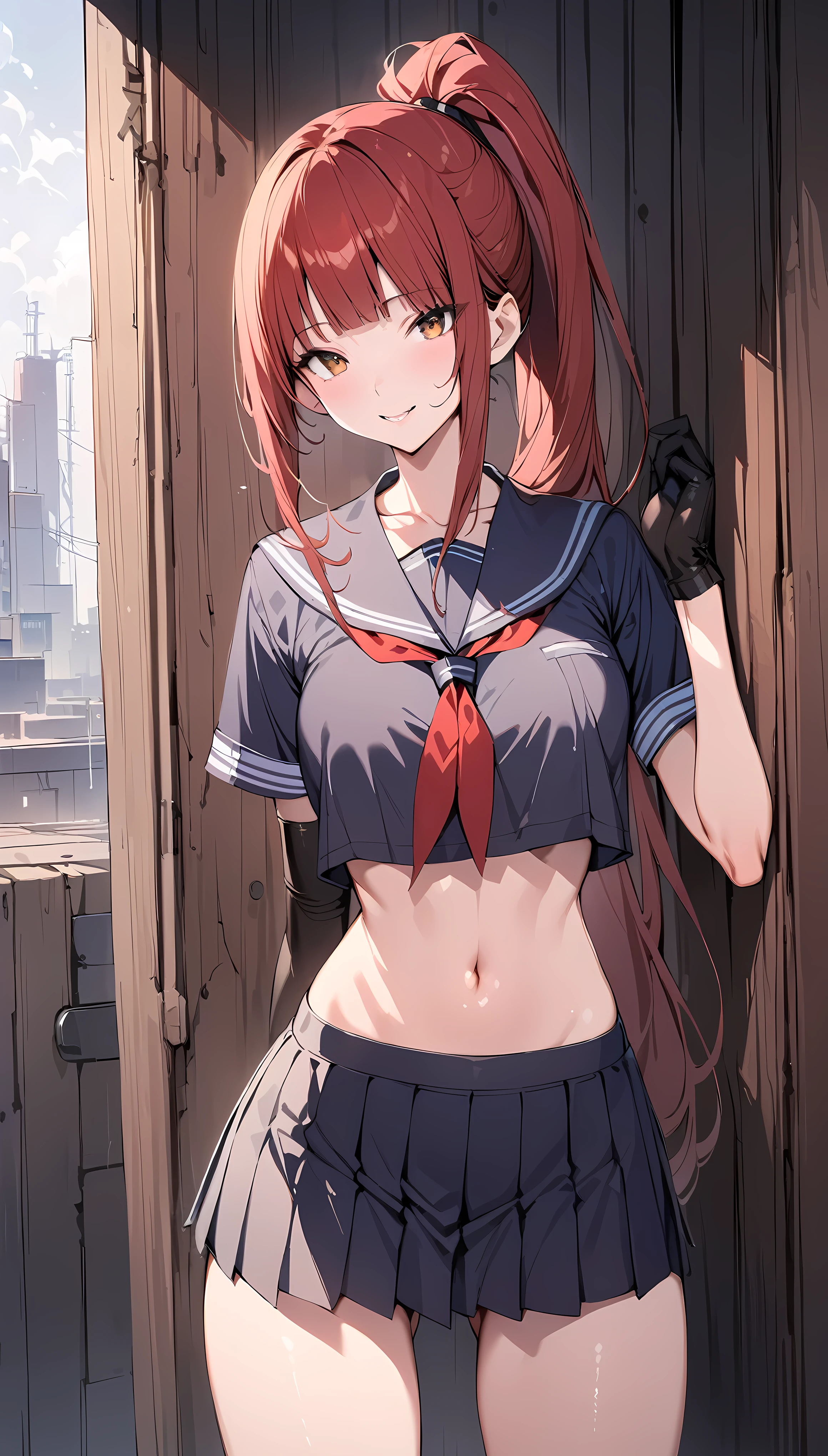 ((masterpiece,Best Quality:1.3,best quality illustrations)),portrait,cowboy shot,Alone,1woman,young adult,(ponytail),straight long hair,red hair,bangs, (very small head:1.2),gorgeous eyes,brown eyes,smile,strong,(very long body:1.3),medium breasts,(School uniform、 sailor suit、Short sleeve、navel、pleated skirt),((martial arts gloves)),skinny,toned body,shiny skin,standing,Large abandoned factory、Tokyo、