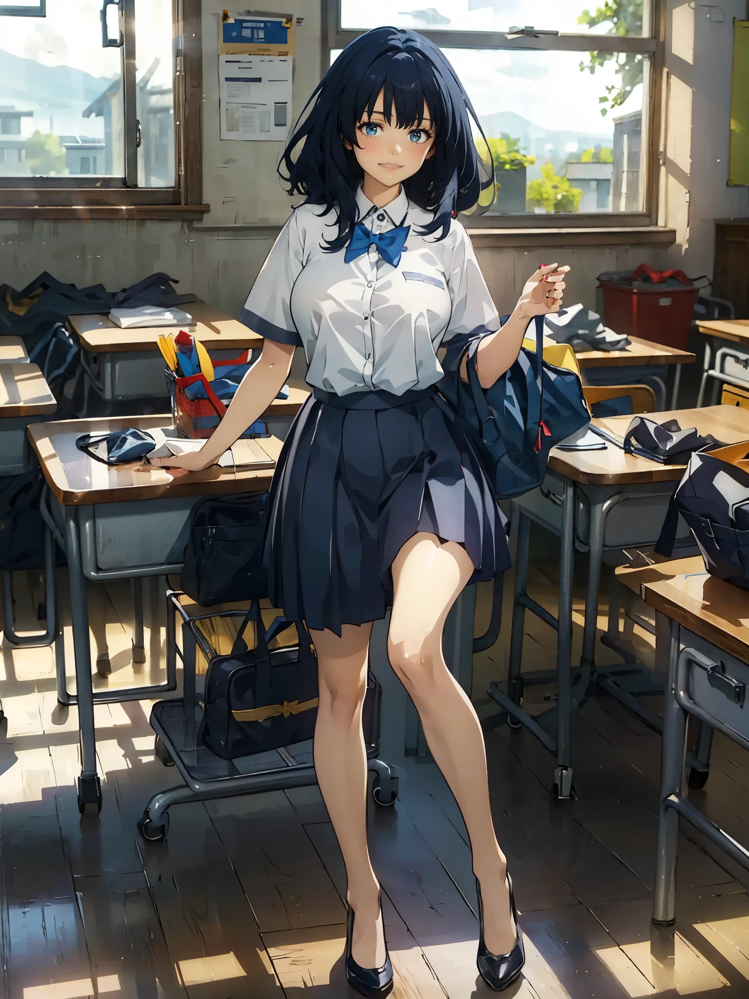 anime - style illustration of a woman in a high school uniform, anime character, official character art, full body, female anime girl, (medium hair:1.5), (smile:1.5), in the classroom, (big breasts:1.2), bare legs, plump belly, thin legs,