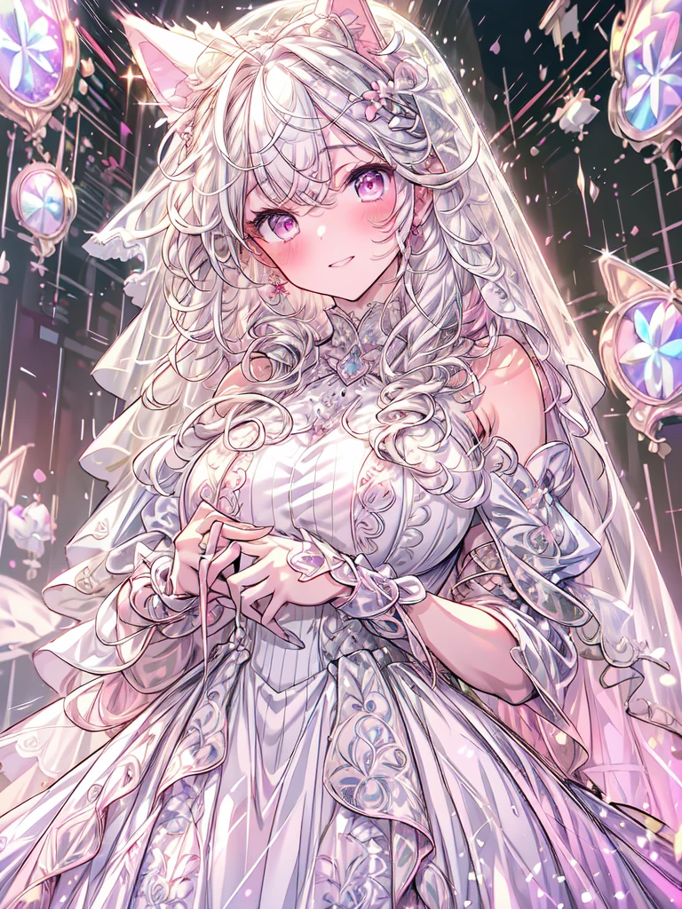 full dress shot, shot from above, full-body illustration, (((full body, depicts whole body, full body portrait, whole body))), portrait, 1girl, solo, beautiful gorgeous captivating cute adorable princess, (white_cat_ears:1.5), looking at viewer, cute blush, (blushing:1.5), heavy blush, (pink eyes:1.5) , (((hyper detail delicate beautiful eyes , big eyes, clear eyes, extremely detailed))), (soft thin lines:1.2, beautiful, delicate and pretty face, young face, smiling), ((large amount of straight hair, extremely voluminous very long hair, absolutely long straight hair)), (white hair:1.5), (long bridal veil:1.5), (face veil:1.5), frilly collar, skin dentation, pale skin, slim, (extremely gigantic large breasts:1.5), breasts cleavage, breasts focus, (((extremely detailed hands, delicate hands, beautiful hands, 5-fingers))), (gown hold:1.5), (frilly wrist cuffs:1.5), (white and pink ball gown dress:1.5), (((pure white lace and frills, dress with motif of ribbons))), (floor length gown:1.5), (white leather corset:1.5), masterpiece, (Full-HD:1.5), (highres:1.5), (absurdres:1.5), (high quality:1.5), (high resolution:1.5), (best image:1.5), (ultra quality:1.5), HDR, 16K, (highly detailed), fantasy scene, dreamy fantasy, fantasy palace background, (standing:1), (glow, god rays, radiant, ethereal, dreamy, heavenly, otherworldly, dream-like, breathtaking, captivating, divine), (depth of field), sharp focus, soft lighting
