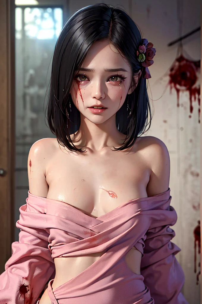 (Best Quality),Highly detailed,Super detailed, 1 girl, (beautiful girl),((Baby Face)), ((High school girl)), (Dark atmosphere), (Dim lighting), (( sexy)),( small breasts),Black Hair, bob cut , (Completely naked), Halloween , (( zombie cosplay)),(((Zombie Makeup))),(((Bloody, My body is covered with blood ))),((血とsemenで全身がドロドロ)), (( pink nails for )), ((Masturbation)),( sex, sexual behavior), (fellatio), (semen), ( Pizzurri),( happy expression), (Seductive expression), (( ecstatic expression)),((Facial,Being ejaculated on the face)),((happy tears)),(口の中にsemenが溢れている)