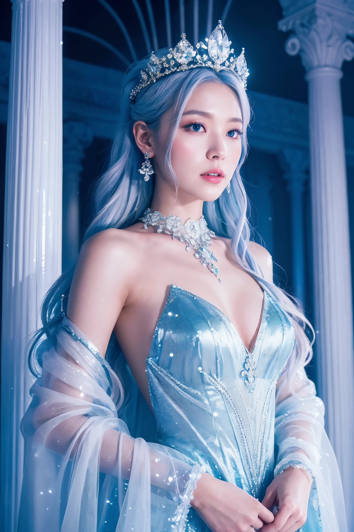   high quality,    A super realistic photo of the Snow Princess in the most luxurious palace made of exquisitely sparkling clear ice.    This scene must be viewed in 8K resolution   ,  It features an elaborate ice palace with graceful columns  beautiful ice ceilings .   the composition is symmetrical   ,   full of wonderful pale blue light  sacred things , Mystical elements.    Snow Princess's skin shines white as snow   ,  Beautiful silvery-blue hair  , she最 high qualityの輝くシルバーホワイトのジュエリードレスを着ています,  graceful ornaments  jewellery . she, 、 The picture shows her upper body  、  Blurry Background  。, Realistic ice palace  .  Snow Falling Quietly , she素晴らしい柔らかな光に包まれています,   has amazing cinematic lighting effects that create a magical atmosphere .