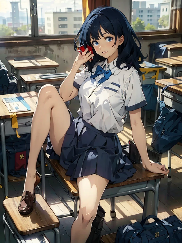 anime - style illustration of a woman in a high school uniform, anime character, official character art, full body, female anime girl, (medium hair:1.5), (smile:1.5), grin, in the classroom, (big breasts:1.2), bare legs, plump belly, thin legs, beautiful legs, mobile phone,