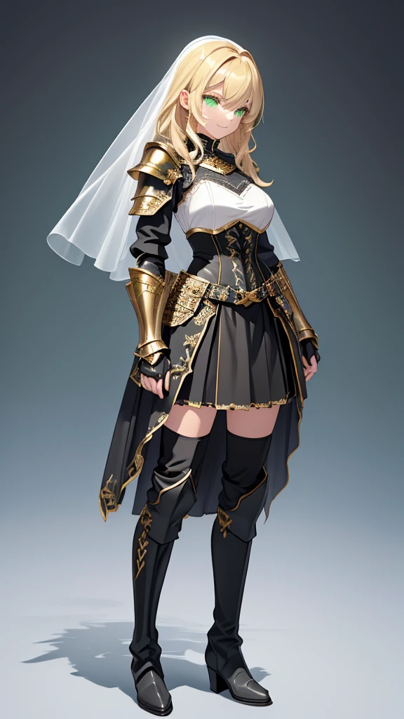 masterpiece, Best Quality, (( no background)),(((pure white short veil))),(( richly decorated black holy knight armor in gold,Full body standing painting of a tall woman )), huge breasts, Bust-length blonde ,wavy hair,Pale skin,A smile full of charity,closed mouth,(((Green Eyes,  detailed eyes))),Belt pouch on waist, ((( Black Thigh-High Boots ,Black Gauntlets,Armored black skirt))),A thin curved hanging line ,  holding nothing in hand, Thin eyebrows,Young lady, Side View ,Visual Novel Pose