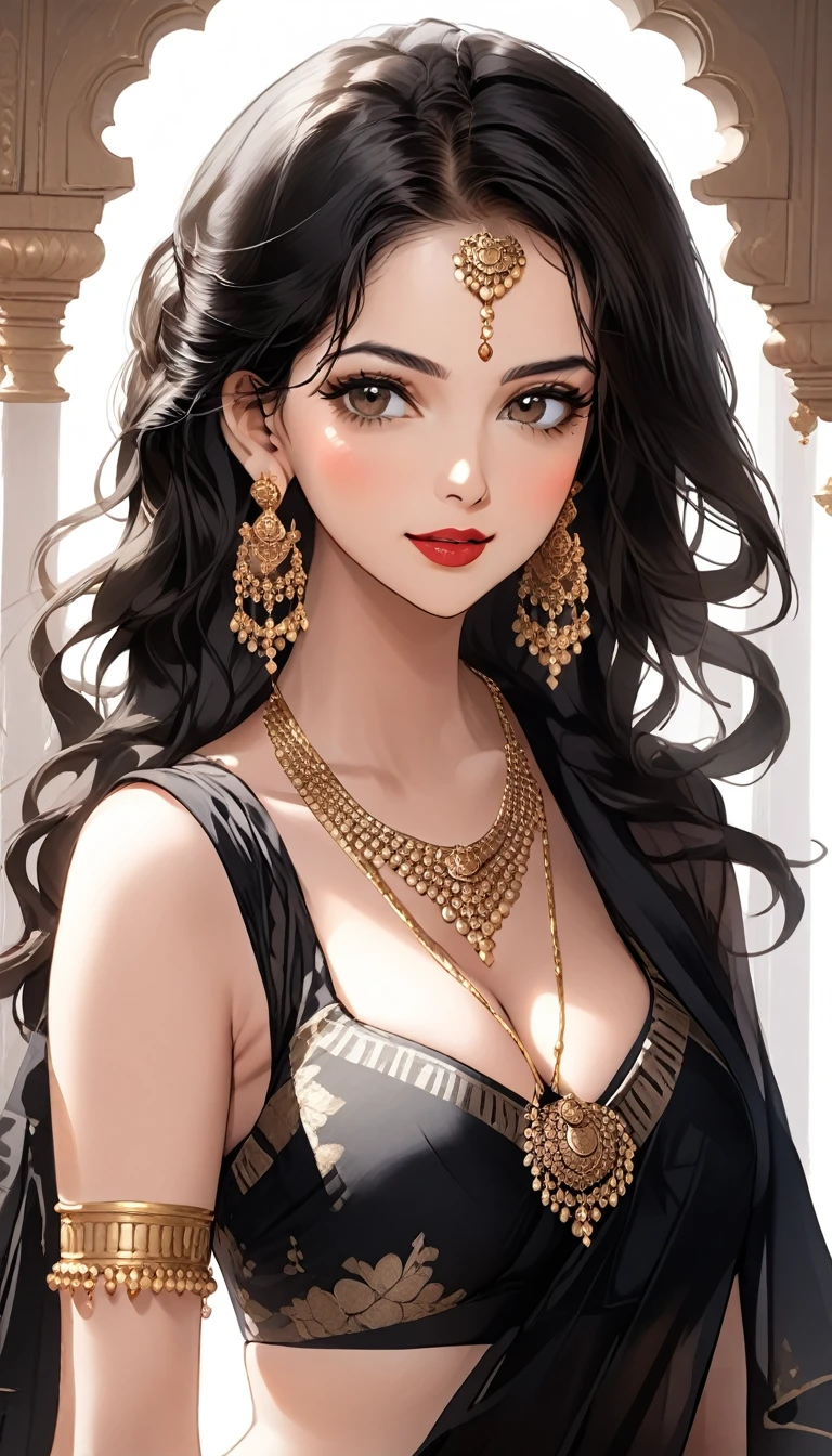 Hot young woman,black saree, long silver jhumki earrings, lipstick, black hair, medium sagging breasts, cleavage ,wavy straight hair,makeup, button blouse ,navel, eyeliner, eyeshadow, detailed art style,long jewellery, multiple necklace,long necklace,bangles, accessories , leaning forward,navel ,