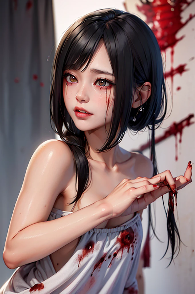 (Best Quality),Highly detailed,Super detailed, 1 girl, (beautiful girl),((Baby Face)), ((High school girl)), (Dark atmosphere), (Dim lighting), (( sexy)),( small breasts),Black Hair, bob cut , (Completely naked), Halloween , (( zombie cosplay)),(((Zombie Makeup))),(((Bloody, My body is covered with blood ))),((血とsemenで全身がドロドロ)), (( pink nails for )), ((Masturbation)),(( sex, sexual behavior, standing back)), (fellatio), (semen), ( Pizzurri),( happy expression), (Seductive expression), (( ecstatic expression)),((Facial,Being ejaculated on the face)),((happy tears)),(口の中にsemenが溢れている)