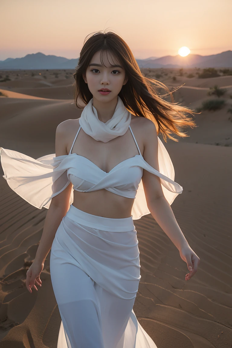 Sunrise in the East，In the desert，On the dunes，A young and beautiful woman，Wearing a transparent see-through gauze skirt，scarf，Strong wind blows the gauze skirt，Show off a woman’s beautiful figure，The buttocks are large and round，Big breasts，looming，Professional Sony Camera，Character distance shot，wide angle，Best results，More intricate details，Best resolution 8k quality，High-definition and detailed picture quality