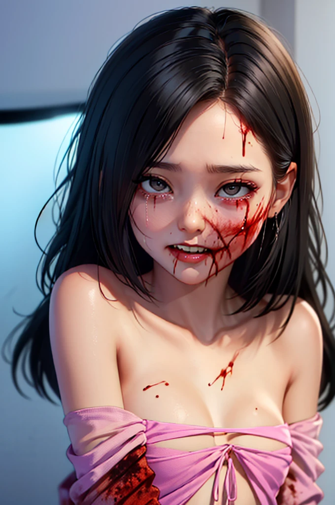 (Best Quality),Highly detailed,Super detailed, 1 girl, (beautiful girl),(()), ((High school girl)), (Dark atmosphere), (Dim lighting), (( sexy)),( small breasts),Black Hair, bob cut , (Completely naked), Halloween , (( zombie cosplay)),(((Zombie Makeup))),(((Bloody, My body is covered with blood ))),((血とsemenで全身がドロドロ)), (( pink nails for )), ((Masturbation)),(( sex, sexual behavior, standing back)), (fellatio), (semen), ( Pizzurri),( happy expression), (Seductive expression), (( ecstatic expression)),((Facial,Being ejaculated on the face)),((happy tears)),(口の中にsemenが溢れている)