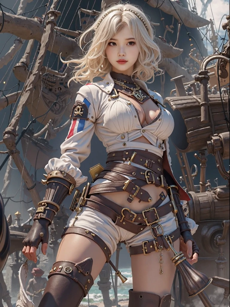 (((of the highest quality: 1.4))),(unparalleled masterpiece ever), (Ultra high definition),(Ultra-realistic 8K CG), offcial art、 (((adult body))), (((1girl in))), ((( Bob Shorthair ))), 25-year-old pirate with a perfect body, Pirate hat with metal spines,Beautiful and well-groomed face,,Detailed pirate clothing,Pirate Jacket, (Image from head to thigh),(( White Blonde Bob Shorthair )), Small leather panties, Simon Bisley's urban savage style,Detailed pirate ship background,Clean abs, Complex graphic gauntlets, Dark red with white stars and blue and white stripes, s Armor, Poison tattoo ), ,