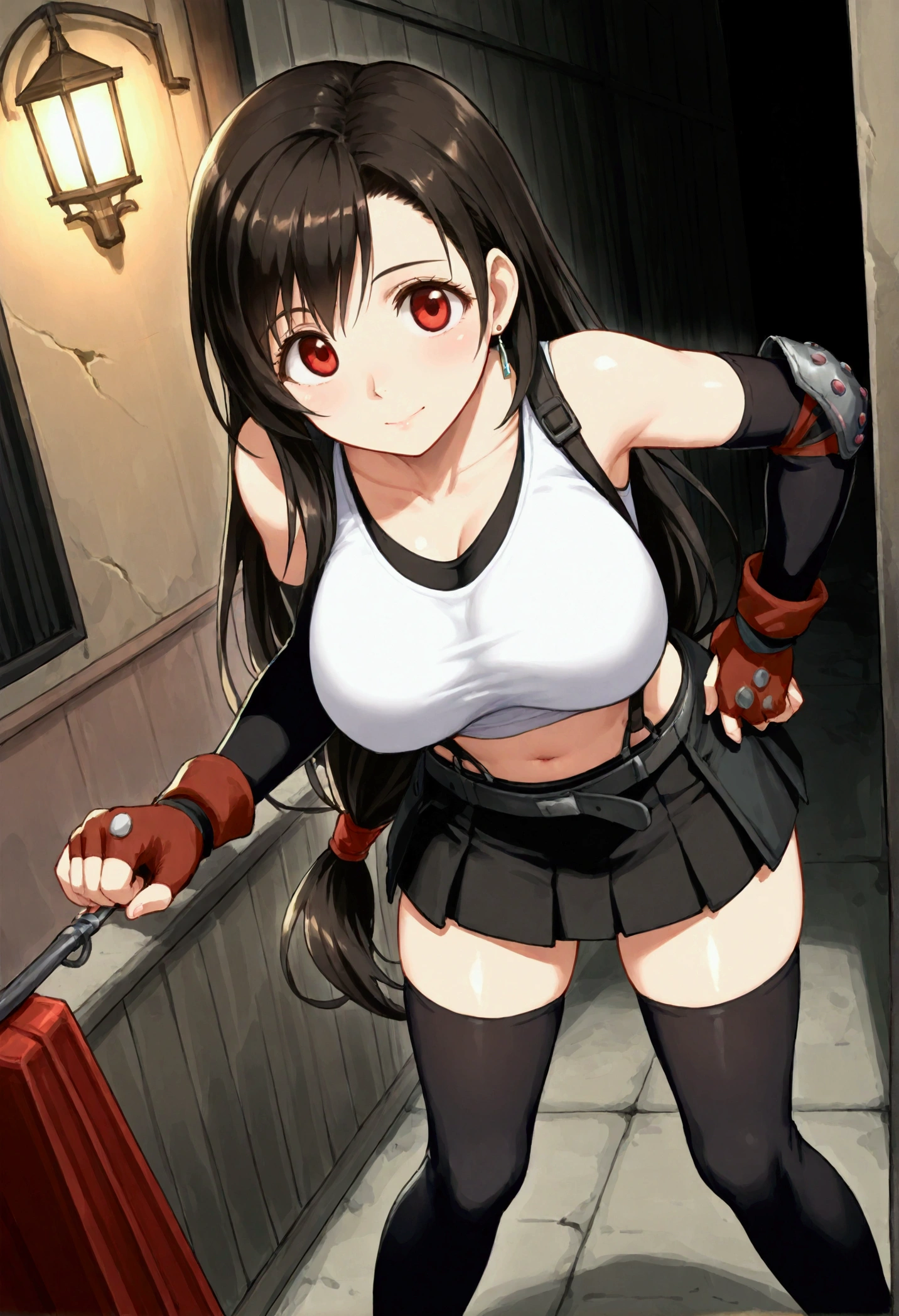 , (Masterpiece),(Best Quality),source anime,(ultra detailed),(Recent),,BREAK  1girl, Tifa Lockhart, Final Fantasy,(beautiful). Black Hair, Long hair tied low, Red eyes, bangs, White tank top, belt, Pleated Skirt , Thigh length, Elbow fingerless gloves, Elbow pads, (abdomen,navel:0.9)  suspender skirt.zettai ryouiki,,(large_chest:1.2), (tareme:1.2),,BREAK  ,standing,  (standing on viewer:1.3),dynamicangle,bent over . (prostitution:1), in alley at daytime,dynamicpose,,{tifa_lockhart,FF7}