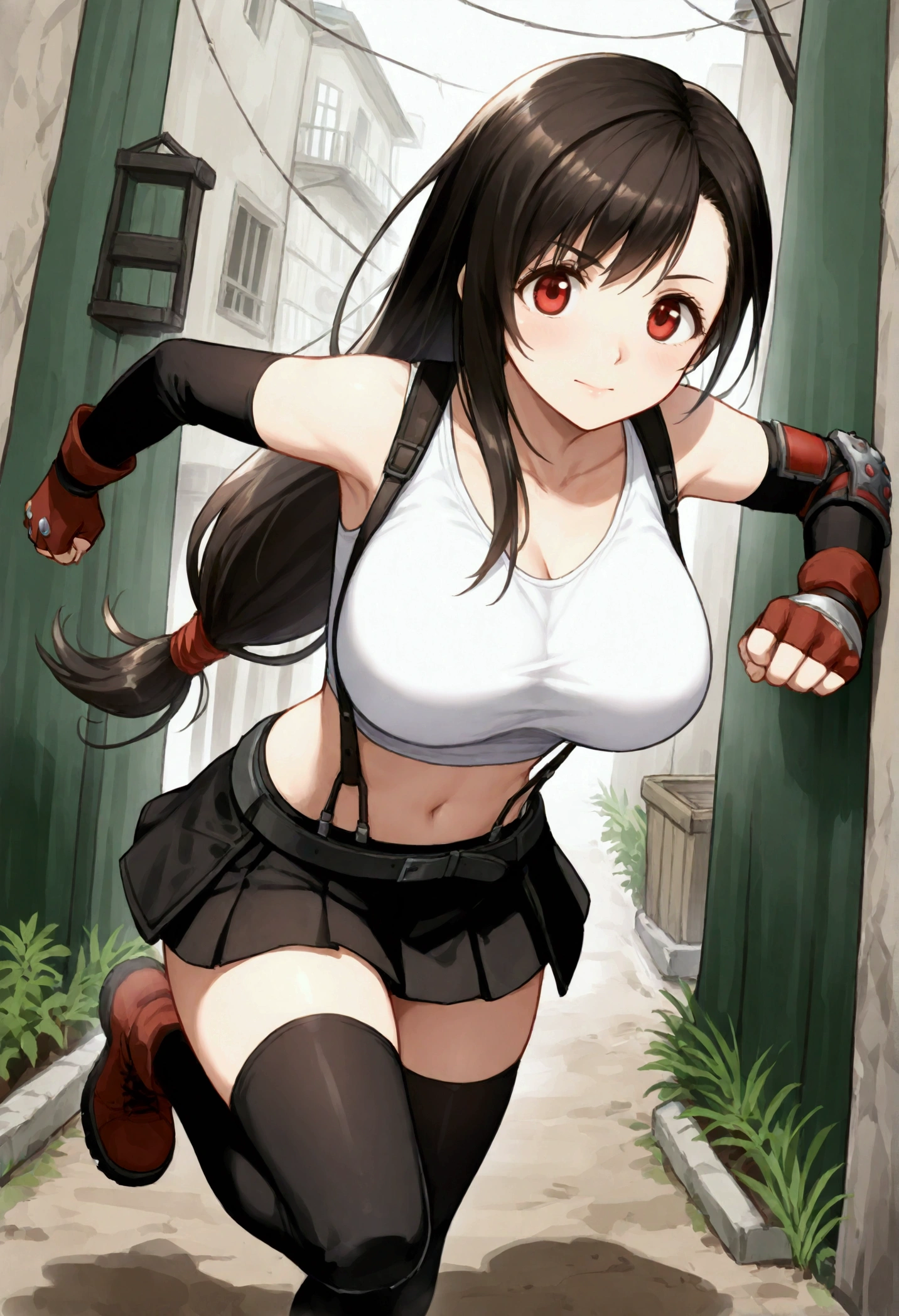 , (Masterpiece),(Best Quality),source anime,(ultra detailed),(Recent),,BREAK  1girl, Tifa Lockhart, Final Fantasy,(beautiful). Black Hair, Long hair tied low, Red eyes, bangs, White tank top, belt, Pleated Skirt , Thigh length, Elbow fingerless gloves, Elbow pads, (abdomen,navel:0.9)  suspender skirt.zettai ryouiki,,(large_chest:1.2), (tareme:1.2),,BREAK  ,standing,  (standing on viewer:1.3),dynamicangle,running, leaning forward with arms swinging.. (prostitution:1), in alley at daytime,dynamicpose,,{tifa_lockhart,FF7}