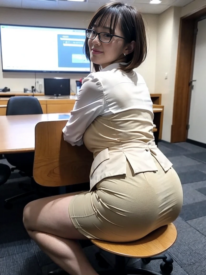    Japanese Women (   wear rimless glasses   )  (   black short bob),    (  Plump Body  ) ,   Dark Eyes ,(     highlights   、  着ている人の写真だけをI'm sitting to    highlights          )            OL uniform      , (      女性を   highlightsするために座っています    、  I'm sitting to    highlights          ),  Big Breasts ,       wear mini pleated skirt          ,           sitting on a chair    、    Chest    、   Sexy Poses      ,    Full Body Shot       ,      seductive expression                 、 In the conference room.             head and body are in balance        、  rear view of posture 