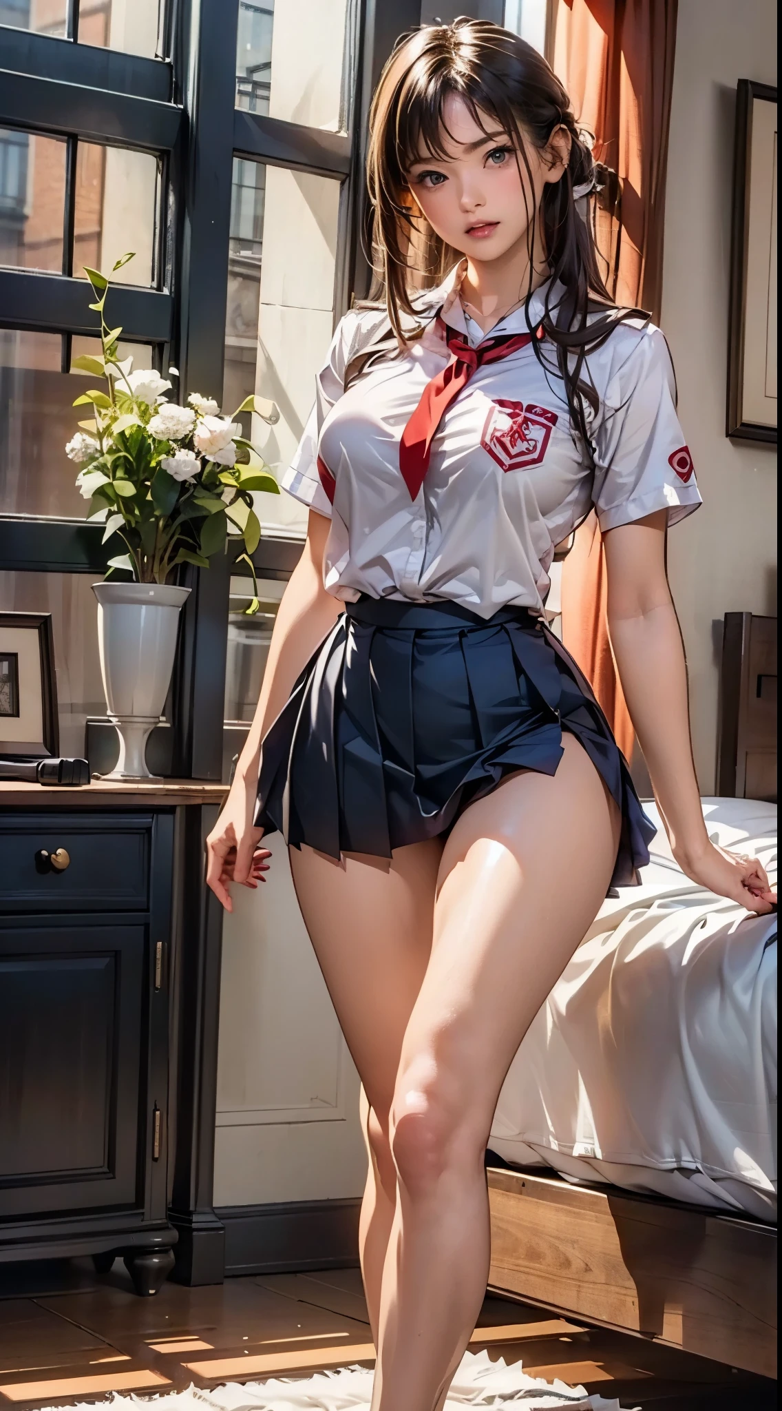 Beautiful long hair,  1 girl,   Full Body Shot  、 her shirt was torn 、 real high school girl , とてもcute顔,  amazing face and eyes in my sister's room, (  highly detailed eyes ,  high-definition face ), (Ultra-realistic,  high definition), (Best Quality:1.4), RAW photo, (Realistic, Realistic:1.3),  professional photoshoot, Cinematic Light,  cute ,(Summer uniforms), ( navy blue pleated mini skirt with vibrator:1.5),  short skirt , (large breasts:1.3),   delicate and smooth skin 、(I can see the underwear inside the skirt),(white panties), loafers, (( glossy lips , Beautiful Lips, Thick lips), (Symmetrical facial features), (Detailed skin, Beautiful Skin), ((Thighs)), Beautiful legs, nsfw, Viewer discretion advised,  sexy costume 、 embarrassed expression, look at me, Waiting for Nampa,