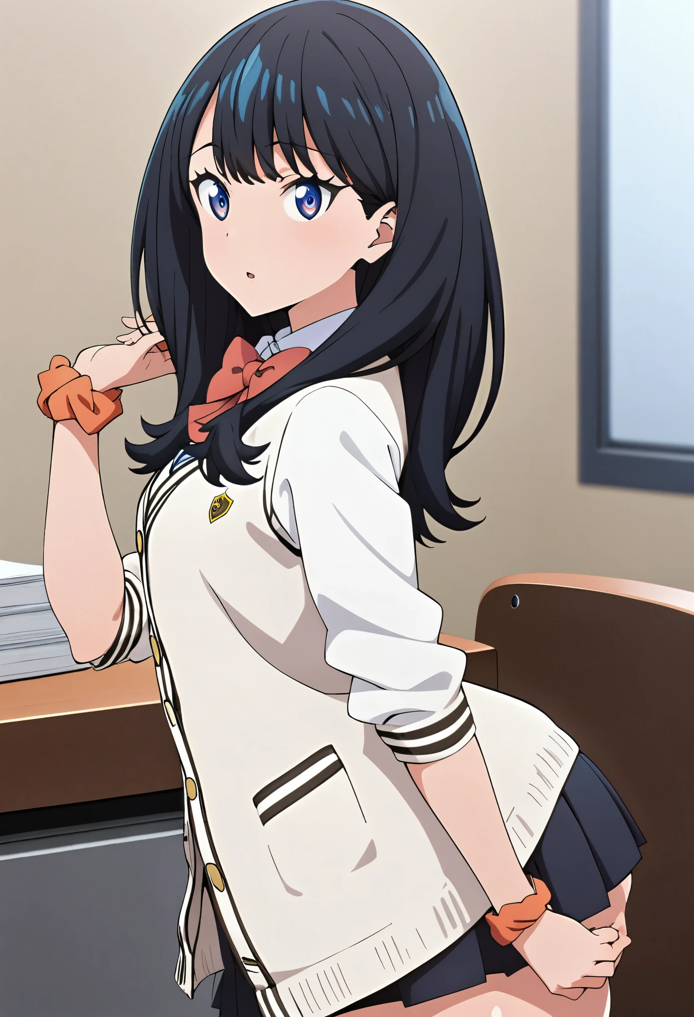 Takarada Rikka , blue eyes, Black Hair, Long Hair, school uniform, white cardigan, black mini skirt, Red Bowtie , Orange Wrist Scrunch , shiny skin, shiny ,女の子1 person, 1 person、1 personの女の子