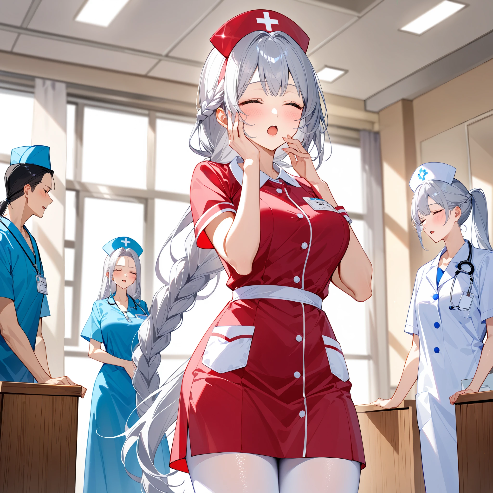 standing, hand on own face, half open mouth、closed eyes, blush、Beautiful mature nurse woman 、 silver hair long hair、 braid, low ponytail hair, nurse costume、Nurse cap、 white pantyhose、 cowboy shot、hospital、A ward、(masterpiece:1.2)、(Best Quality:1.2)、( very aesthetic :1.2)、( absurd:1.2)、( detailed background)、up to date、Safety、complicated、 very detailed skin、