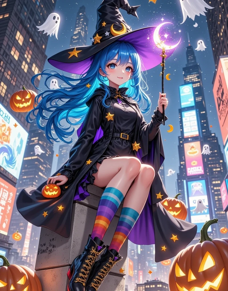 Anime style, Halloween night, a girl wearing a black cloak and a playful witch hat decorated with stars and moons, holding a glowing magic wand, colorful knee-high socks, her blue hair flowing in the wind, sitting atop a building in Times Square, New York. Surrounded by pumpkins and floating ghosts, surreal elements blend seamlessly with the modern cityscape, creating a strong visual impact and captivating attention. Looking up, smooth and detailed, octane render, ultra detailed, 8k, illustration