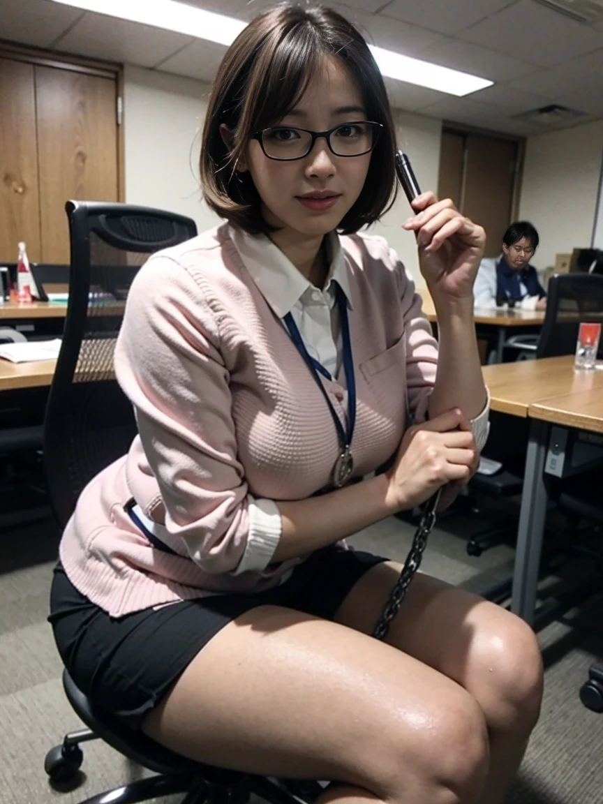        Japanese Women ( wearing unrelated glasses )  (    black short bob),    Plump Body      ,   Dark Eyes ,(   highlights   、  着ている人の写真だけをI'm sitting to  highlights          )          OL uniform      , (      女性を highlightsするために座っています    、  I'm sitting to  highlights          ),  Big Breasts ,      wearing mini pleated skirt       ,         I'm sitting on a chair with my legs extended         、    Chest    、         Sexy Poses    ,      full body shot holding a chain sickle from Miyazaki Island    ,               seductive expression             、 In the conference room.            balanced head and body                 