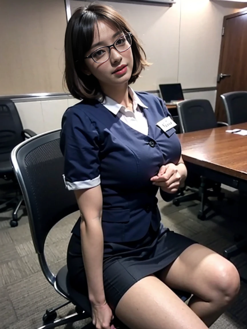        Japanese Women ( wearing unrelated glasses )  (    black short bob),    Plump Body      ,   Dark Eyes ,(   highlights   、  着ている人の写真だけをI'm sitting to  highlights          )          OL uniform      , (      女性を highlightsするために座っています    、  I'm sitting to  highlights          ),  Big Breasts ,      wearing mini pleated skirt       ,         I'm sitting on a chair with my legs extended         、    Chest    、         Sexy Poses    ,      full body shot holding a chain sickle from Miyazaki Island    ,               seductive expression             、 In the conference room.            balanced head and body                 