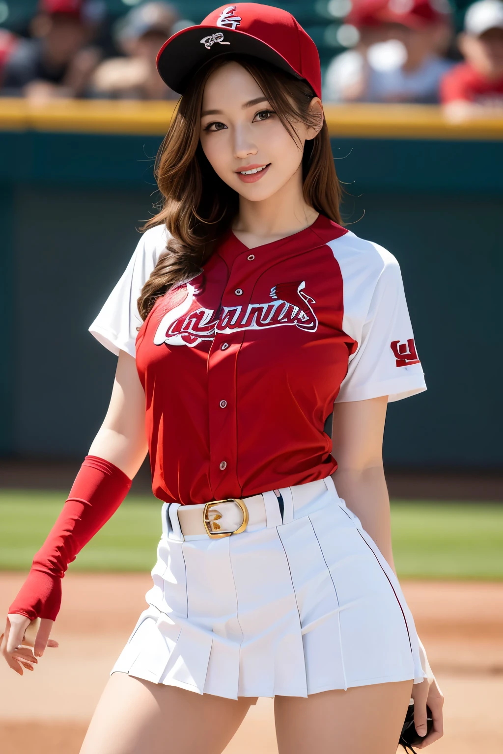 ((best quality)), ((masterpiece)), (detailed), 1girl,baseball player on baseball stadium,((clothed:1.1)),(St. Louis Cardinals uniform),sexy red with white color baseball uniforms,wearing red baseball cap ,baseball mittens ,hold baseball bats,(pleated mini skirt )((huge breasts:2.0,see through:20,high leg micro pantie)),best smile,crossed arms,hold breasts,standing and style posing ,open legs,(beautiful pussy line),(Protruding pubic hair),