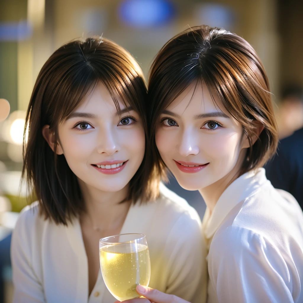 （Realistic:1.1）,(masterpiece,Highest quality)，8k,(49 years old), 53 years old, ベリーslimボディ、slimカップル、Tight waist,Upper Body,full-course dinner、wine 、Amazing view of the sunset sky and clouds、Perfect ???????, Brown Hair, short hair,Random Hairstyles,((Highly detailed face and eyes:1.2))，Perfect golden ratio face，Long sleeve shirt、dress,(smile:1.2)、Shortcuts、cute、(Realistic, Intricate details:1.2), A bright smile、short hair,Bright Face、赤wine 、Appetizers、Italian food、wine bottle、Champagne、スパークリングwine、(slimな顔), (The body is slim), (Brown Hair), (Shortcuts),  Upper Body, 白wine, slim, wineグラス, 