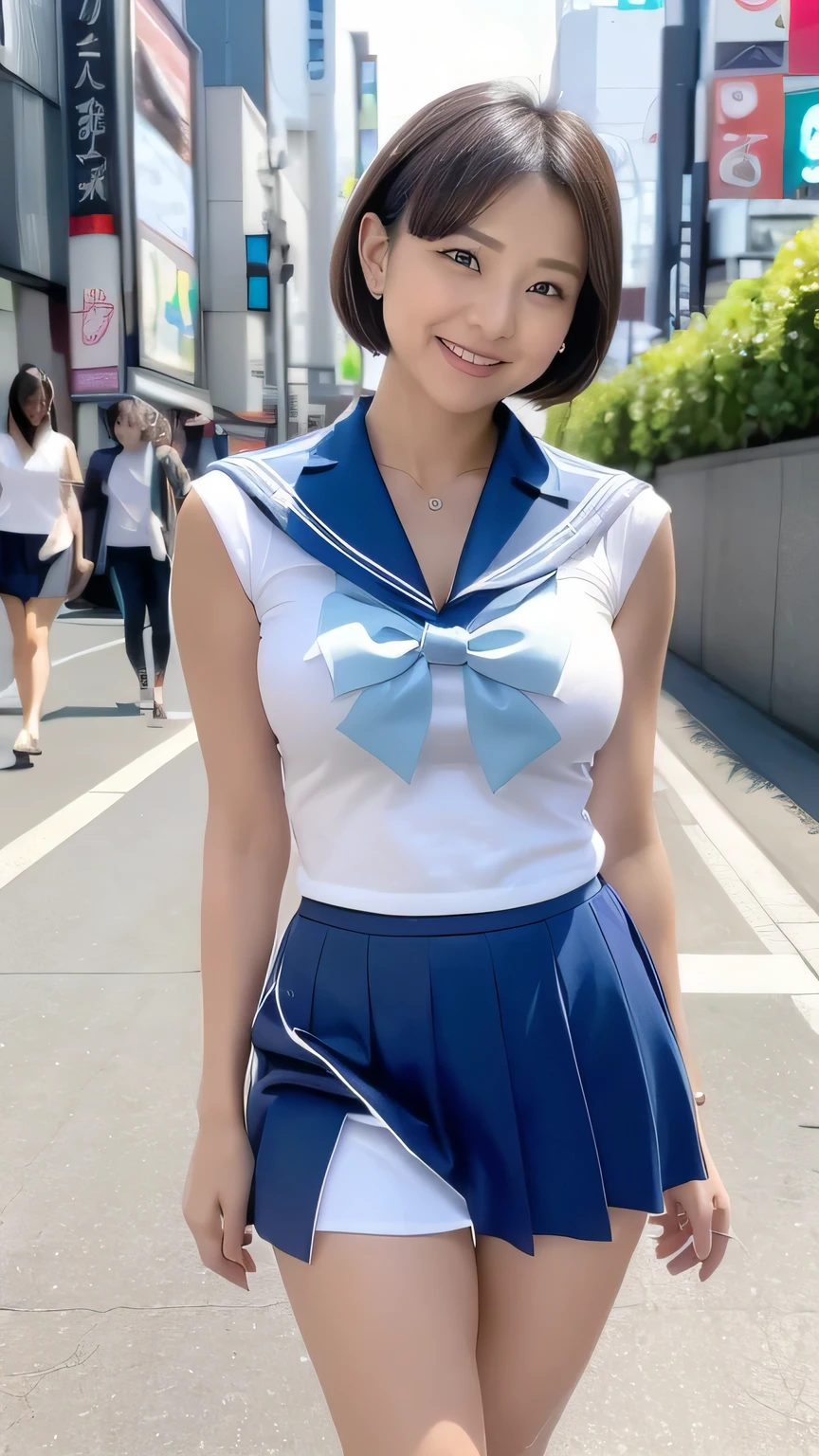 (8k、Raw photography、highest quality、masterpiece:1.2),(Black-haired、Very short hair:1.8),(ponytail:1.3)、View Audience,Viewed from the front,White skin,(High school girls、The upper body is a light blue school uniform:1.7)、(Narrow waist:1.6)、(Clothes that accentuate the shape of the breasts:1.0)、(Big Breasts :1.3)、Slim figure、Ultra-high resolution,beautiful,beautiful fece,(one person、No background:1.9),whole bodyボディー,Japanese women,(Realistic:1.37)、Photon Mapping,reality、(-face cute: 1.6)、(Cute Smile: 1.8)、(round face: 1.8)、Radio City、Physically Based Rendering、Depth of field rally background、photograph, (I can see your knees、Cute patterned white panties、Thigh close-up:1.8),(:1.4),whole body、Super quality