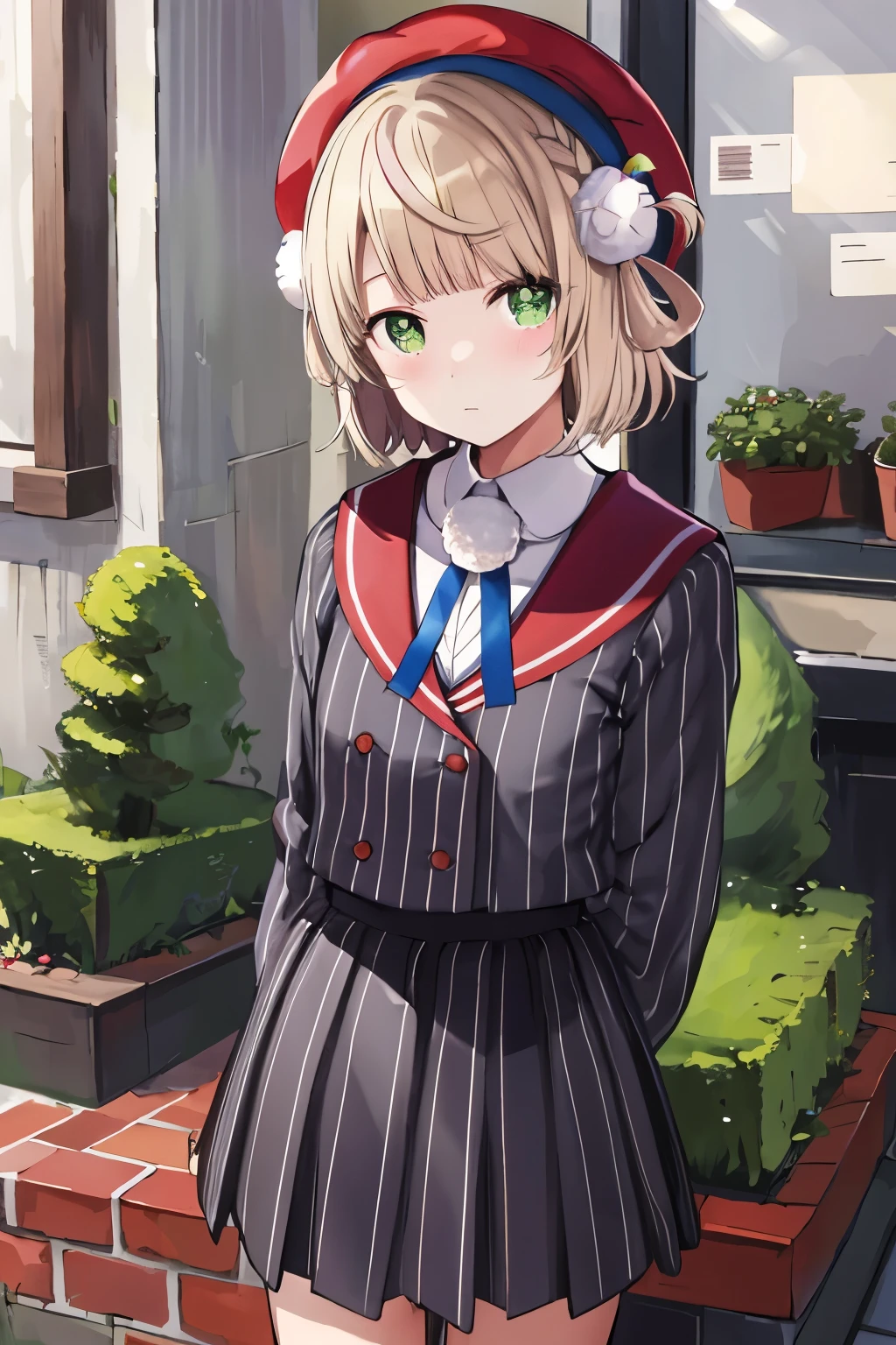 ighest quality, High resolution, question 1, One girl, alone, Hair Ring, Green Eyes, Pompom hair ornament, Sailor collar, Long sleeve, Striped jacket, Braiding, vertical_striped skirt, vertical stripes, beret, embarrassed, blush, Small breasts, Arms folded behind back, Leaning forward, Put your hands behind your back, Thighs, dim, UHD, 1080P