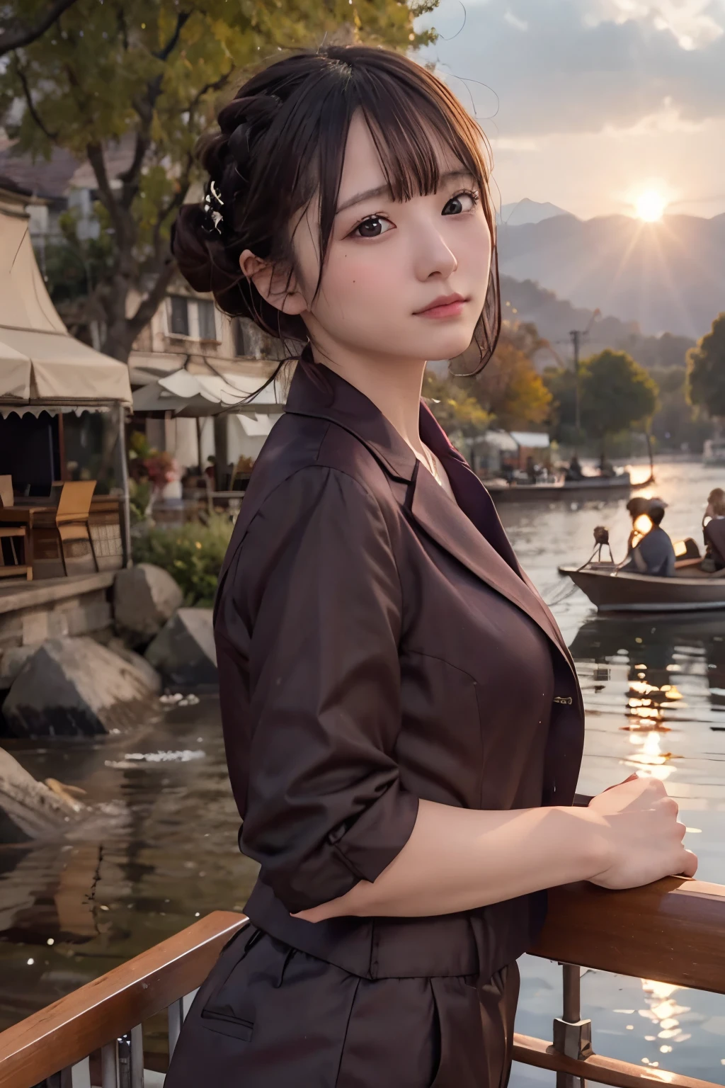 8k, raw photo, best quality, hires, realistic, photorealistic, extremely detailed 8k wallpaper, beautifully detailed eyes, finely detailed face, 
 break 
cinematic lighting, [rim lighting], 
 break 
(on boat:1.2, boat riding:1.2), autumn light purple dusk:1.0, water reflections:1.0, shan, 
 break 
perfectly anatomically correct:1.1, [5 beautiful thin finger:1.0], 
 break 
1 female, kawaii:1.2, very short hair bun, 
wearing autumn neat pant suit:1.2, 
symmetrical clear eyes, chocolate color eyes with captivating reflections, 
[melancholy with opening mouth:1.0], 
[
symmetrical face line, stereographically baby , 
[chiseled face, round face, [double eyelids, moderate eye bags, small eyes:1.0, wide-set eyes, tareme], 
slope lips, [[embarrassed, blush]], 
seventeen, 
]
[
high tensioned creasing form in clothing due to lifted beautiful ideal ellipse protruding shape medium soft buttocks upturned:1.0, 
]
looking at viewer:1.0, 
 break 
sfw:1.0, 
 break 
(distant shot:1.3), [dynamic angle], bokeh:1.2