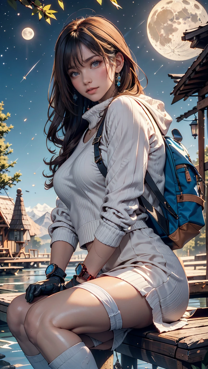 1 female, masterpiece, Best Quality, Super detailed, Alone, Outdoor, ( Knight ), Mountain々, nature, (star, moon) Cheerful,  happy , Backpacks, sleeping bag, Camping stove, Water Bottle, Mountain boots, Gloves, sweater, Have, Flashlight, forest, rock, river, wood, cigarette,  Shadow, Contrast, Clear sky,  analog style  ( Watch Viewers :1.2) ( skin texture) ( film grain :1.3), ([Warm colors, Warm Tones)