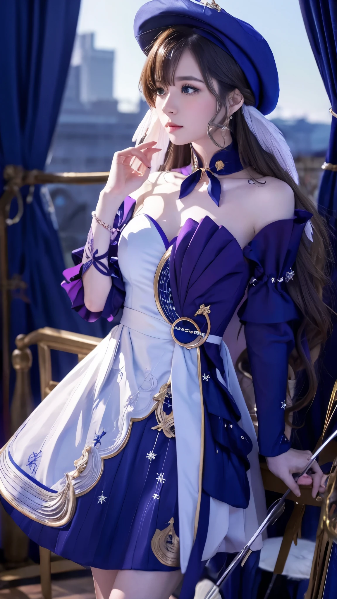 alone , brown hair , , pale skin , Bow and Arrow, with sapphire eyes , butterfly festival decoration, with dark blue flowers and wide {ten个} 装饰 with dark blue flowers and wide {ten} wearing a blue dress with black decorations , A woman with low top , Blue Ribbon, with dark blue flowers and wide , Wide-brimmed hat ,thigh