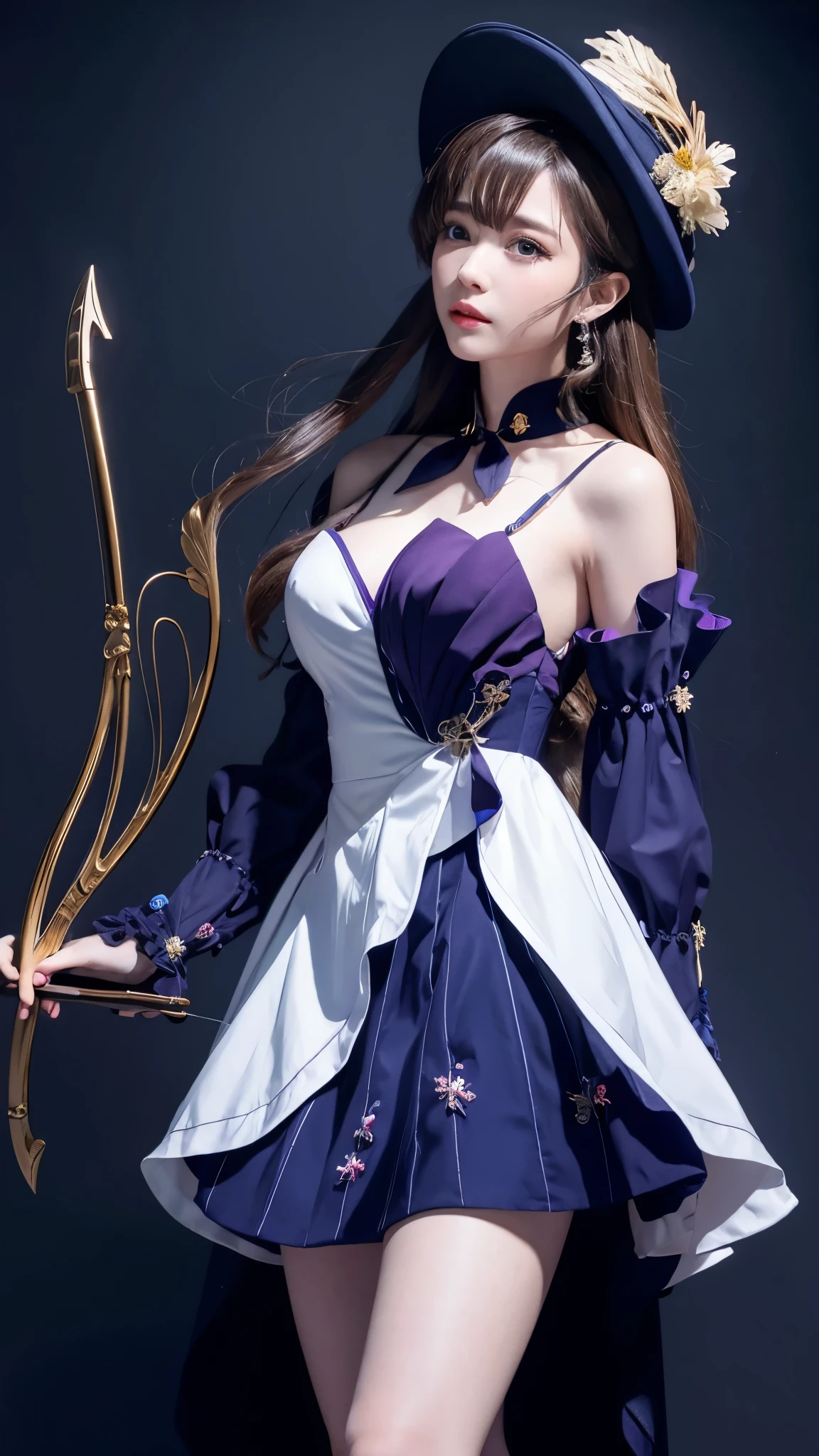    alone ， brown hair   ,   , pale skin   ,  Bow and Arrow,  with sapphire eyes   ,  bow adorned   with dark blue flowers and wide    {ten个}   装饰 with dark blue flowers and wide  {ten}  wearing a blue dress with black decorations  ,   A woman with low top   , Blue Ribbon,    with dark blue flowers and wide    , Wide-brimmed hat  ，thigh，Wide Angle，Deep Vision ，