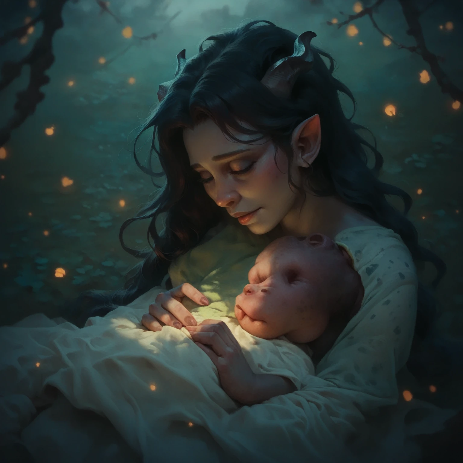 score_9, score_8_up, score_7_up, score_6_up, 1girl Tiefling mother holding her newborn ,  with grey skin, delicate small black horns, pointed ears, Tranquil, Peaceful, skin patterns, spots, serenity, dark, night, view high from above