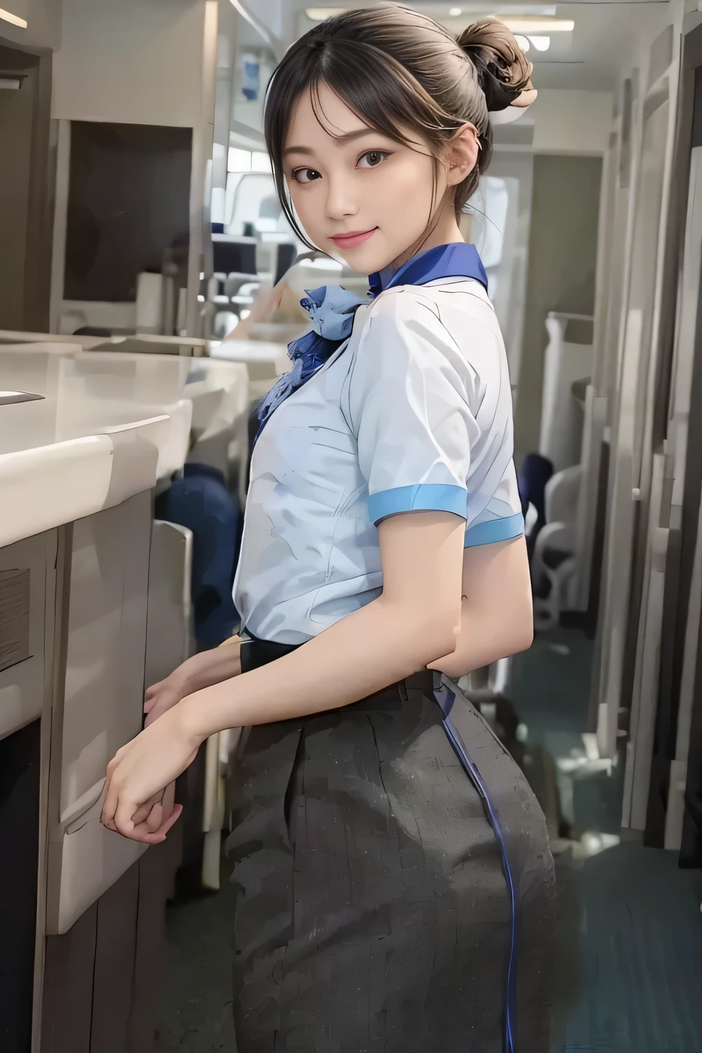 (masterpiece:1.2, Best Quality:1.2), 32kHDR,  high definition, (Alone、 1 girl)、（Rooftop of a building during the day、 Professional Lighting）、With the roof of the building in the background 、（ANA flight attendant uniform blueを着たリアルスタイル）、（（ANA FLIGHT ATTACENT UNIFORM BLUE SHORT SLEEVE BLOUSE  、 ANA flight attendant uniform blueの後ろに青いラインが入ったスカート、 scarf around the neck ））、 Dark brown hair 、（Long Hair、Hair tied up、Hair tied up）、 Dark brown hair 、Long Hit、Big Breasts、Thin legs、（（Great hands：2.0）），（（ Harmonious Body Proportions ：1.5）），（（Normal limbs：2.0）），（（Usually refers to：2.0）），（（ Delicate Eyes：2.0）），（（Normal eyes：2.0））)、smile、（ Beautiful Back View Showing ANA Flight Attendant Uniform Blue）、Hands clasped underneath
