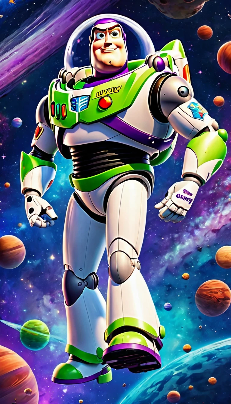    Lovely Buzz Lightyear(Anatomically correct) Dynamic flight background universe space cartoon style poster artwork stunning artwork detailed high quality 