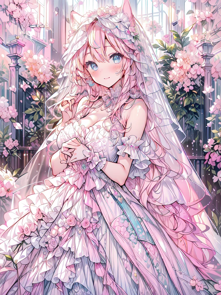 full dress shot, shot from above, full-body illustration, (((full body, depicts whole body, full body portrait, whole body))), portrait, 1girl, solo, beautiful gorgeous captivating cute adorable princess, (white_cat_ears:1.5), looking at viewer, cute blush, (blushing:1.5), heavy blush, (blue eyes:1.5) , (((hyper detail delicate beautiful eyes , big eyes, clear eyes, extremely detailed))), (soft thin lines:1.2, beautiful, delicate and pretty face, young face, smiling), ((large amount of straight hair, extremely voluminous very long hair, absolutely long straight hair)), (pink hair:1.5), (long bridal veil:1.5), (face veil:1.5), frilly collar, skin dentation, pale skin, slim, (extremely gigantic large breasts:1.5), breasts cleavage, breasts focus, (((extremely detailed hands, delicate hands, beautiful hands, 5-fingers))), (gown hold:1.5), (frilly wrist cuffs:1.5), (white and pink ball gown dress:1.5), (((pure white lace and frills, dress with motif of ribbons))), (floor length gown:1.5), (pink laced leather corset:1.5), masterpiece, (Full-HD:1.5), (highres:1.5), (absurdres:1.5), (high quality:1.5), (high resolution:1.5), (best image:1.5), (ultra quality:1.5), HDR, 16K, (highly detailed), fantasy scene, dreamy fantasy, fantasy palace background, (standing:1), (glow, god rays, radiant, ethereal, dreamy, heavenly, otherworldly, dream-like, breathtaking, captivating, divine), (depth of field), sharp focus, soft lighting