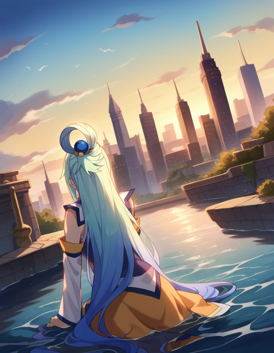 score_9, score_8_climb, score_7_climb, source_Anime,
 Konosuba  water, water \( Konosuba  \), Long hair, ดวงตาสีwaterเงิน,  hair jewelry , very Long hair, blue hairแหวนผม,  single hair ring, Hair tie, Green bow ,
outdoor, Cityscape , It&#39;s over.,
Look at the audience, Cowboy Shoot,  tilted camera angle , wearing only white cloth 