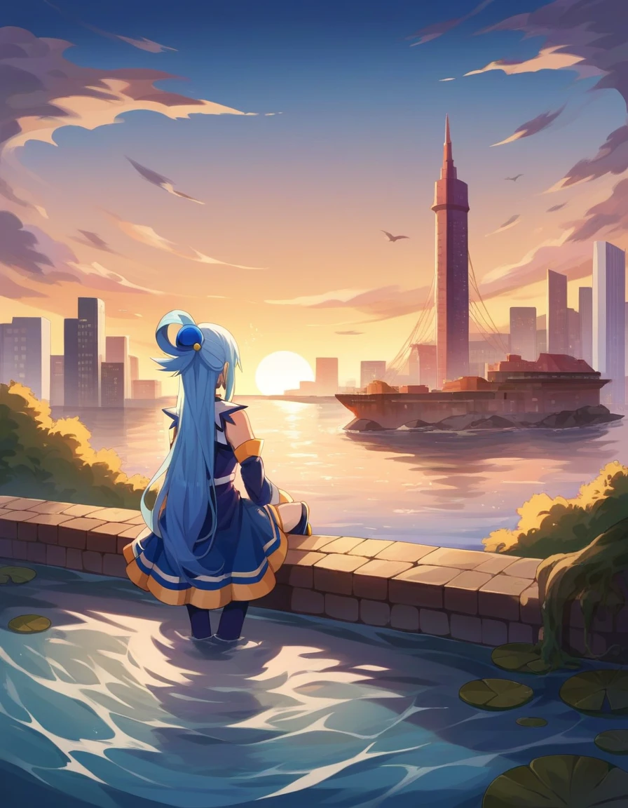 source_Anime, Konosuba  water, water \( Konosuba  \), Long hair, ดวงตาสีwaterเงิน,  hair jewelry , very Long hair, blue hairแหวนผม,  single hair ring, Hair tie, Green bow , outdoor, Cityscape , It&#39;s over., Look at the audience, Cowboy Shoot,  tilted camera angle ,ใส่ชุดว่ายwater อยู่ทะเล