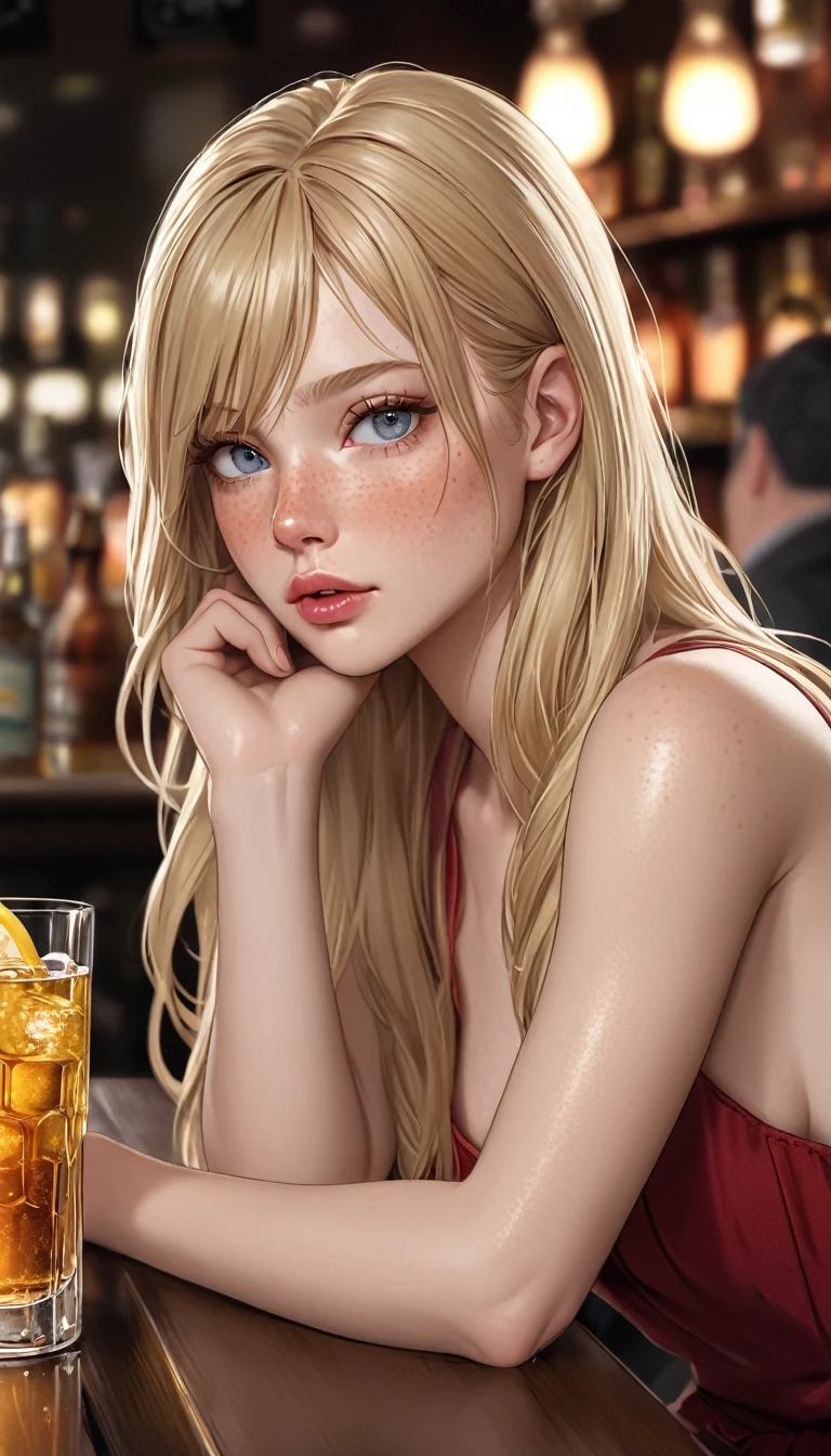 masterpiece,   high definition ,   is anatomically correct , 最 high quality,   high detail ,  high definition model ,   very detailed,   high quality,  Ultra High Definition,   textured skin , Realistic Skin, Blonde ,  semi-long hair , Droopy eyes, With shining eyes, Adult women, textured lips, Freckles on face, 
Drinking alcohol at the bar,