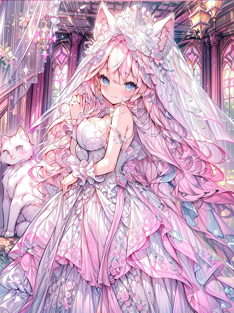 full dress shot, shot from above, full-body illustration, (((full body, depicts whole body, full body portrait, whole body))), portrait, 1girl, solo, beautiful gorgeous captivating cute adorable princess, (white_cat_ears:1.5), looking at viewer, cute blush, (blushing:1.5), heavy blush, (blue eyes:1.5) , (((hyper detail delicate beautiful eyes , big eyes, clear eyes, extremely detailed))), (soft thin lines:1.2, beautiful, delicate and pretty face, young face, smiling), ((large amount of straight hair, extremely voluminous very long hair, absolutely long straight hair)), (pink hair:1.5), (long bridal veil:1.5), (face veil:1.5), frilly collar, skin dentation, pale skin, slim, (extremely gigantic large breasts:1.5), breasts cleavage, breasts focus, (((extremely detailed hands, delicate hands, beautiful hands, 5-fingers))), (gown lift:1.5), (frilly wrist cuffs:1.5), (white and pink ball gown dress:1.5), (((pure white lace and frills, dress with motif of ribbons))), (floor length gown:1.5), (pink laced leather corset:1.5), masterpiece, (Full-HD:1.5), (highres:1.5), (absurdres:1.5), (high quality:1.5), (high resolution:1.5), (best image:1.5), (ultra quality:1.5), HDR, 16K, (highly detailed), fantasy scene, dreamy fantasy, fantasy palace background, (standing:1), (glow, god rays, radiant, ethereal, dreamy, heavenly, otherworldly, dream-like, breathtaking, captivating, divine), (depth of field), sharp focus, soft lighting