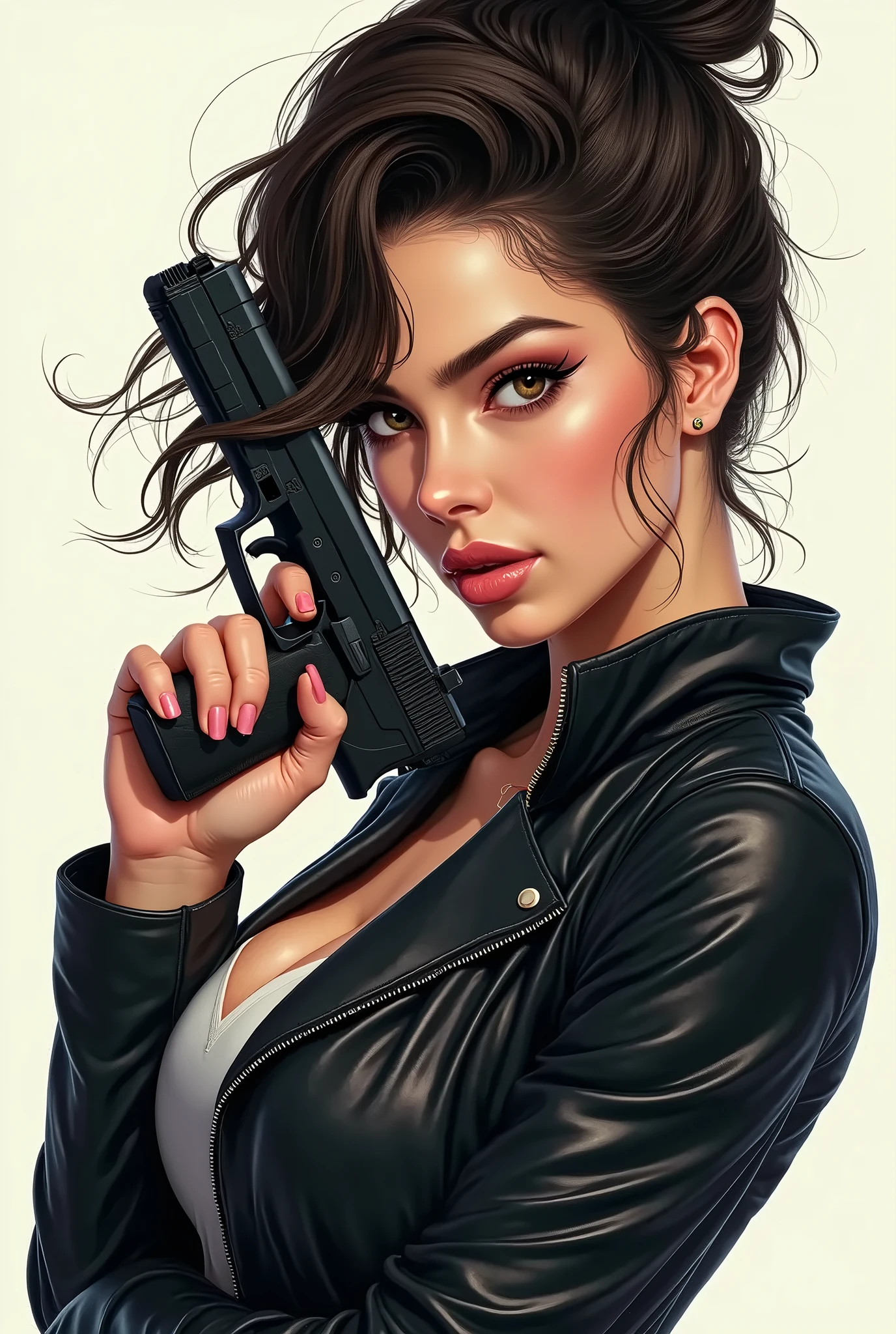 girl with long hair, with black sunglasses and big gun in action movie poster royo art