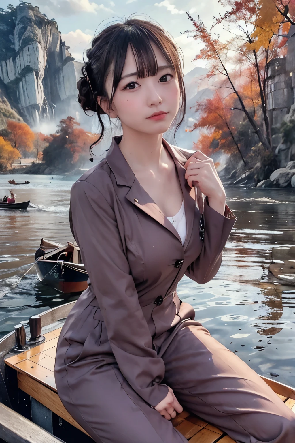 8k, raw photo, best quality, hires, realistic, photorealistic, extremely detailed 8k wallpaper, beautifully detailed eyes, finely detailed face, 
 break 
cinematic lighting, [rim lighting], 
 break 
autumn light purple dusk:1.0, water reflections:1.0, [autumn cloud], shan, 
 break 
perfectly anatomically correct:1.1, [5 beautiful thin finger:1.0], 
 break 
(1 female is riding a boat:1.3), 
kawaii:1.2, very short hair bun, 
wearing autumn neat pant suit:1.2, 
symmetrical clear eyes, chocolate color eyes with captivating reflections, 
[melancholy with opening mouth:1.0], 
[
symmetrical face line, stereographically baby face, 
[chiseled face, round face, [double eyelids, moderate eye bags, wide-set eyes, tareme], 
slope lips, [[embarrassed, blush]], 
seventeen, 
]
[
high tensioned creasing form in clothing due to lifted beautiful ideal ellipse protruding shape medium soft buttocks upturned:1.0, 
]
looking at viewer:1.0, 
 break 
sfw:1.0, 
 break 
(full body, distant shot, wide shot, dutch angle), bokeh:1.2