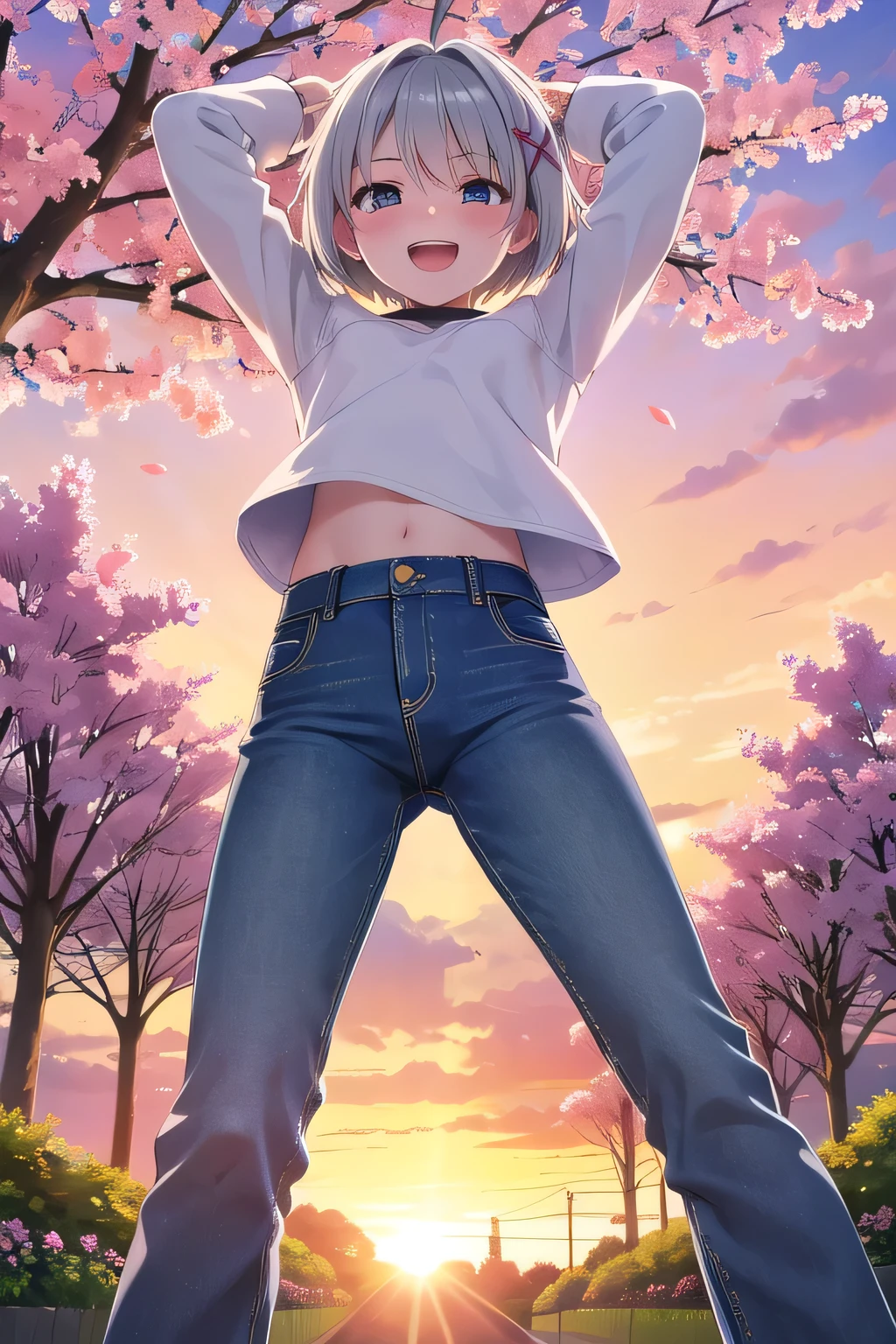 masterpiece,best quality,ultra detail,1girl, ****,petite,Laugh happily,background((sakura tree, garden, beautiful sunset)),sunshine,cloud, beautiful silver short hair, hair ornament, x hair ornament,Raise your arms and bring them behind your head,White teeth, Topless, Top undressed, jeans pants, (flares jeans 1:1), blue jeans, standing sexual pose, orgasm