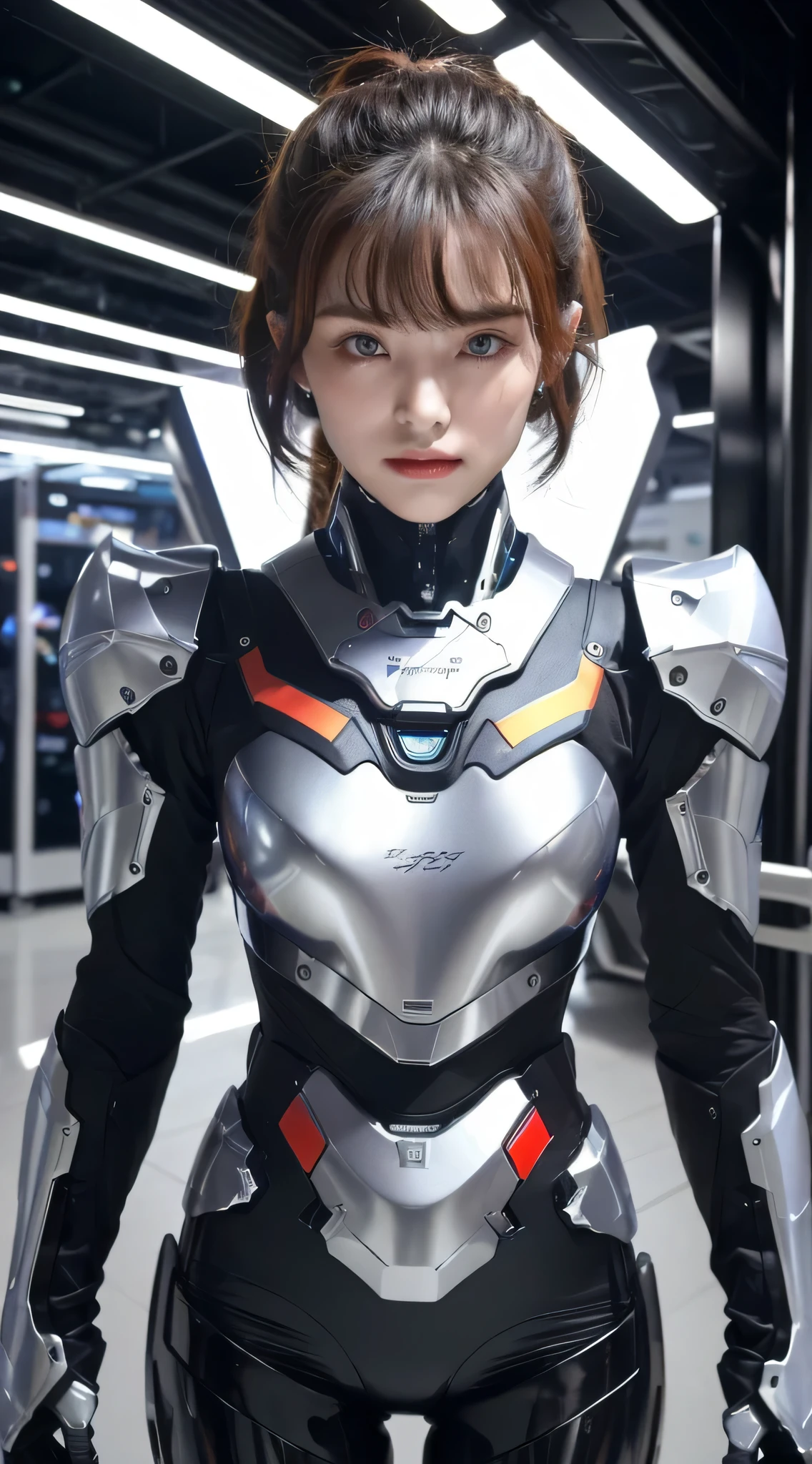 Top quality 8K ultra high definition work, masterpiece: 1.3, sharp focus: 1.2, one robot. The face is a human woman. The fuselage of the machine. 1 metal tube from shoulder to chest, spine and heart (natural colors, photo, 8K)