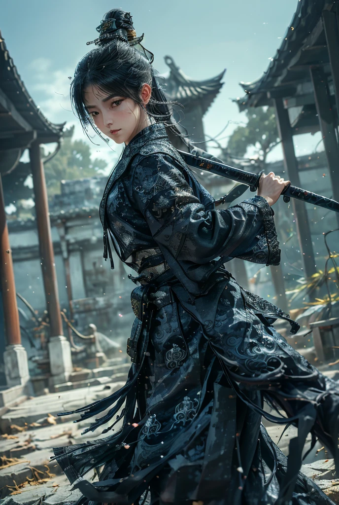  photo realistic. A Japanese schoolgirl with a ponytail, wearing a long-sleeved batik korpri, blue skirt,  decorated with intricately ornamented chest and shoulder armor. Holding a ninja weapon, posing ready for battle, morning sky, high realism, high detail, 4K, HDR, true proportions, ultra high definition, real person, facing the camera, ninja shoes.