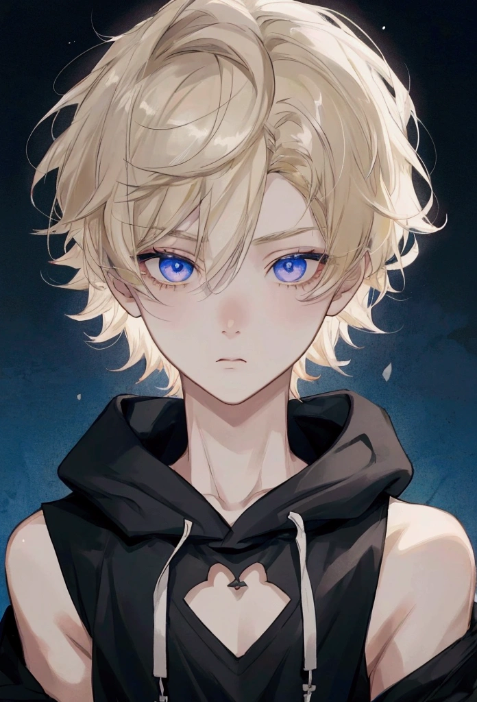 one boy, femboy, pretty face, periwinkle eyes, ash blonde, messy short cut hair, loose fit black hoodie, slim figure, expressionless, close up, masterpiece, best quality