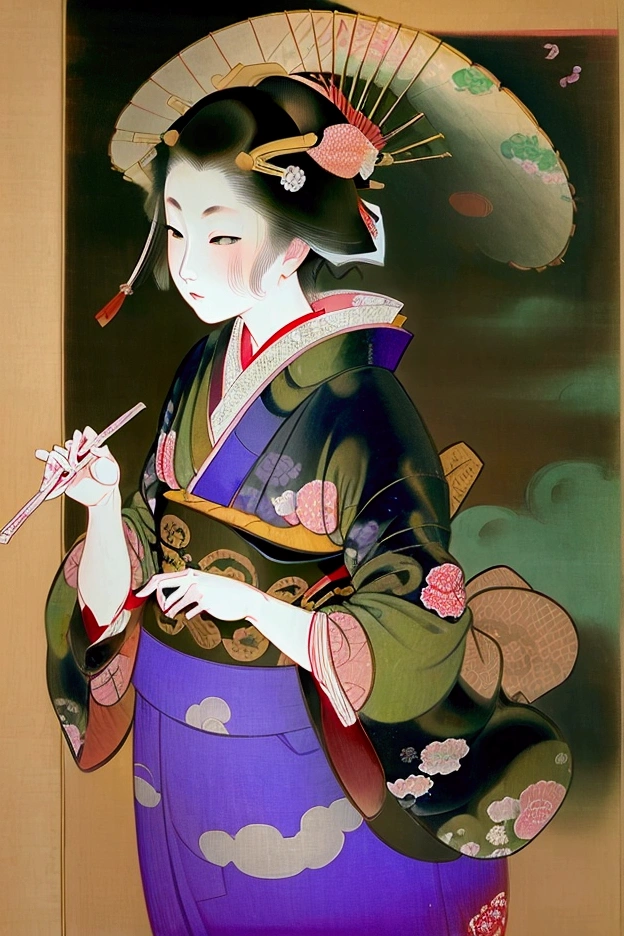 [Portrait, front oblique], [Ukiyo-e, retro, vintage, Taisho Romantic], [Takehisa Yumeji-style beauty, fragile woman, beautiful woman looking back, sad woman, farewell scene], [Edo period, Japanese woman, daughter of low-ranking samurai, Tsugaru beauty, Japanese-style hairstyle, Shimada hairstyle, delicately expressed hair, flat hairpin, narrow eyes, thin eyebrows], [Japanese clothing, kimono, kimono with iris flower pattern, traditional obi, Kichiya knot], [Apple blossom, apple petals scattering in the wind, Ukiyo-e background, Katsushika Hokusai background, fork in the Ushu Kaido road in the Edo period, rural area, apple tree, moonlit night, clouds, hazy mist, wabi-sabi, shadow], [Graphic illustration, detailed 3D illustration, textured illustration, realistic illustration, digital illustration, digital art]