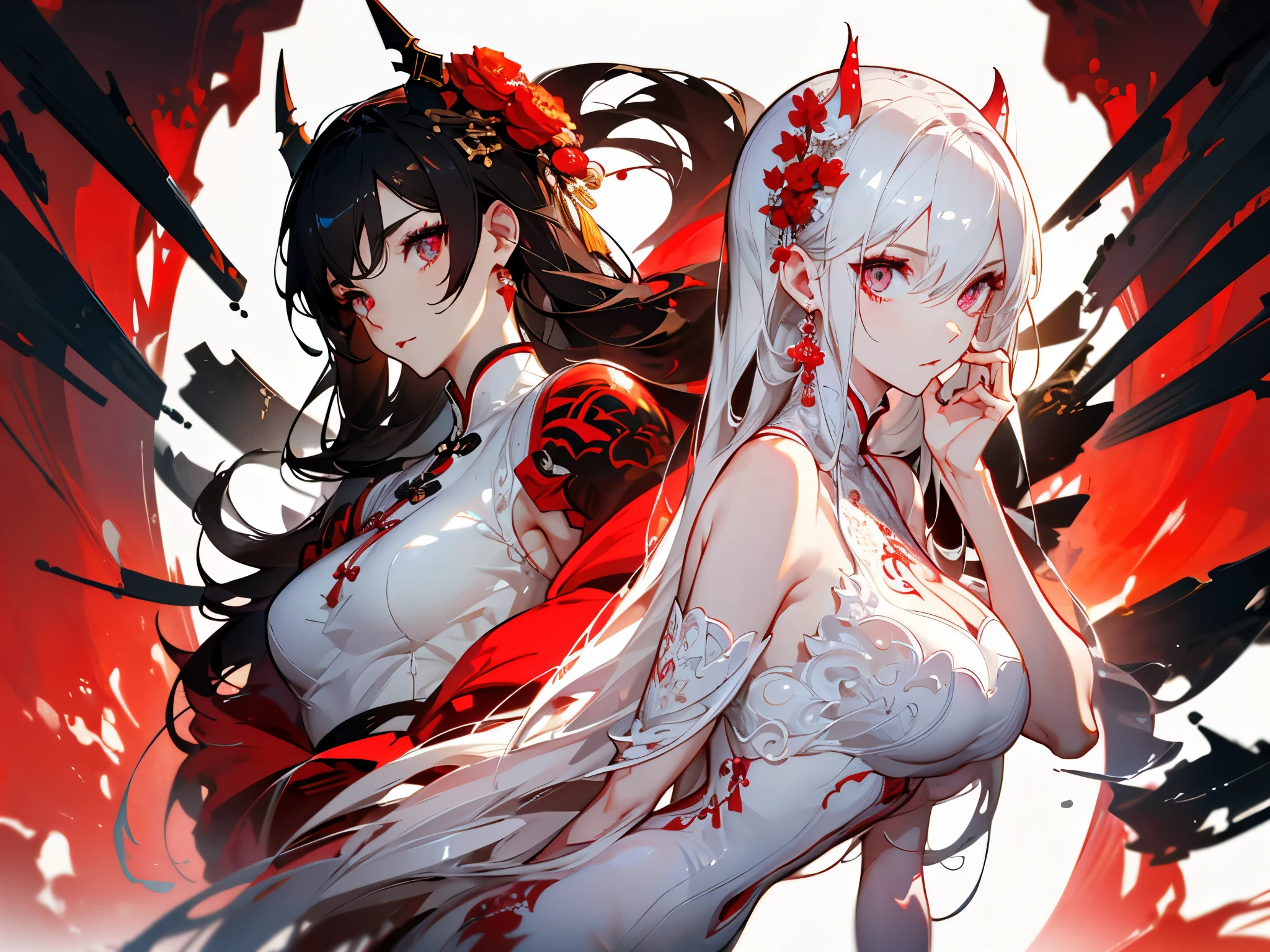 Long black hair that reaches the waist,A yellow eye,A red eye,Heteropupil,White hairpin,Pink swimsuit,Holding a silver-white scythe in his hand,