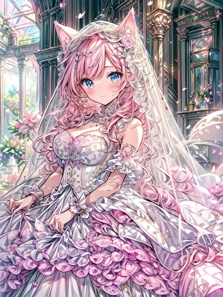 full dress shot, shot from above, full-body illustration, (((full body, depicts whole body, full body portrait, whole body))), portrait, 1girl, solo, beautiful gorgeous captivating cute adorable princess, (white_cat_ears:1.5), looking at viewer, cute blush, (blushing:1.5), heavy blush, (blue eyes:1.5) , (((hyper detail delicate beautiful eyes , big eyes, clear eyes, extremely detailed))), (soft thin lines:1.2, beautiful, delicate and pretty face, young face, smiling), ((large amount of straight hair, extremely voluminous very long hair, absolutely long straight hair)), (pink hair:1.5), (long bridal veil:1.5), (face veil:1.5), frilly collar, skin dentation, pale skin, slim, (extremely gigantic large breasts:1.5), breasts cleavage, breasts focus, (((extremely detailed hands, delicate hands, beautiful hands, 5-fingers))), (gown_lift:1.5), (frilly wrist cuffs:1.5), (white and pink ball gown dress:1.5), (((pure white lace and frills, dress with motif of ribbons))), (floor length gown:1.5), (pink laced leather corset:1.5), masterpiece, (Full-HD:1.5), (highres:1.5), (absurdres:1.5), (high quality:1.5), (high resolution:1.5), (best image:1.5), (ultra quality:1.5), HDR, 16K, (highly detailed), fantasy scene, dreamy fantasy, fantasy palace background, (standing:1), (glow, god rays, radiant, ethereal, dreamy, heavenly, otherworldly, dream-like, breathtaking, captivating, divine), (depth of field), sharp focus, soft lighting