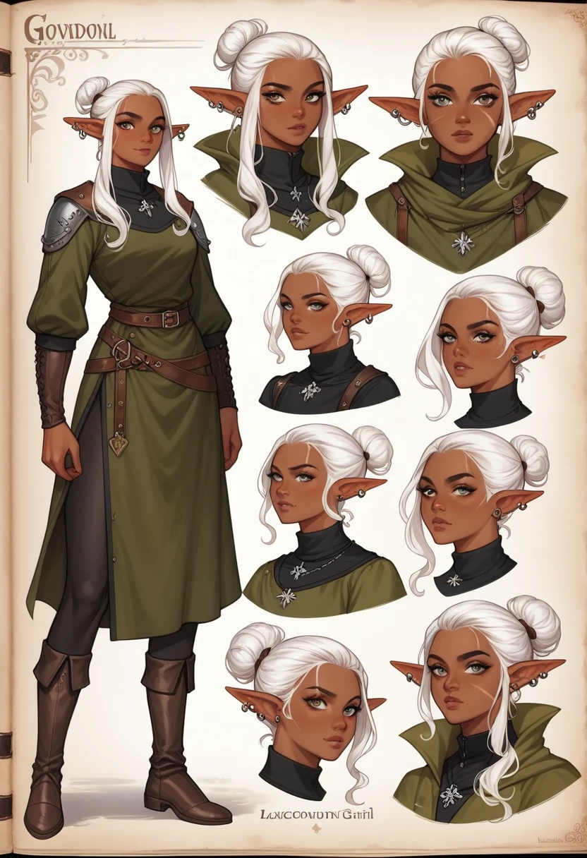 1girl, RPG character, A highly detailed, best quality, RPG style, conceptual art, character sheet, gorgeous drow girl, dark Elf, Black medieval tunic, black leggings, white hair, paper roll, parchment, color grind, scars, piercings, lean and tall, score_9, score_8_up, score_7_up