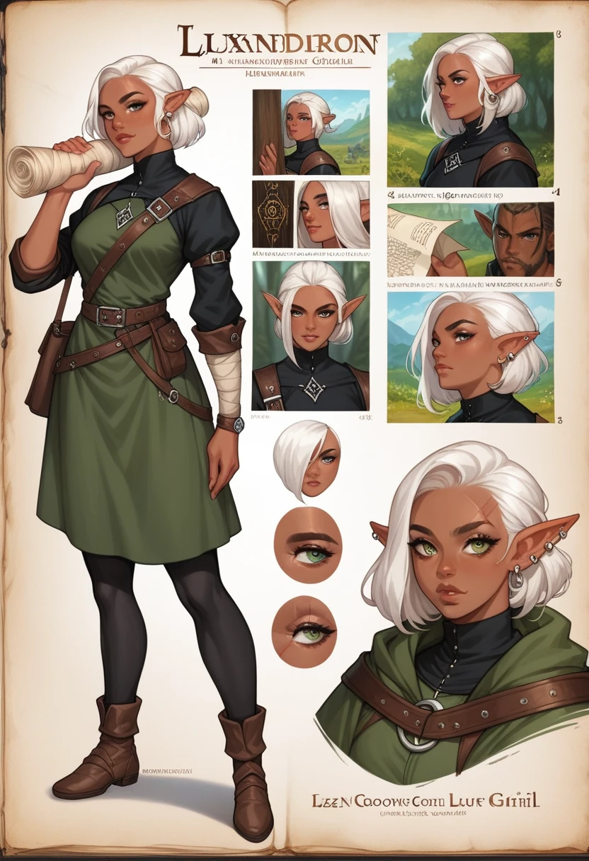 1girl, RPG character, A highly detailed, best quality, RPG style, conceptual art, character sheet, gorgeous drow girl, dark Elf, Black medieval tunic, black leggings, white hair, paper roll, parchment, color grind, scars, piercings, lean and tall, score_9, score_8_up, score_7_up