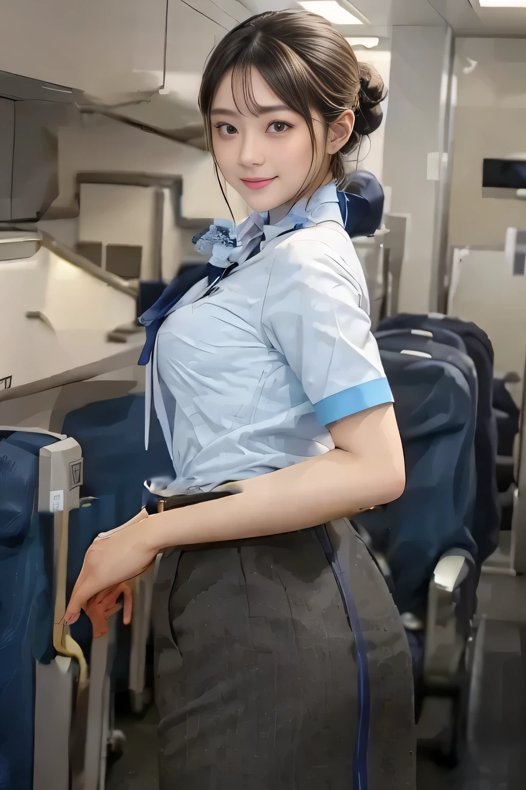 (masterpiece:1.2, Best Quality:1.2), 32kHDR,  high definition, (Alone、 1 girl)、（Rooftop of a building during the day、 Professional Lighting）、With the roof of the building in the background 、（ANA flight attendant uniform blueを着たリアルスタイル）、（（ANA FLIGHT ATTACENT UNIFORM BLUE SHORT SLEEVE BLOUSE  、 ANA flight attendant uniform blueの後ろに青いラインが入ったスカート、 scarf around the neck ））、 Dark brown hair 、（Long Hair、Hair tied up、Hair tied up）、 Dark brown hair 、Long Hit、Big Breasts、Thin legs、（（Great hands：2.0）），（（ Harmonious Body Proportions ：1.5）），（（Normal limbs：2.0）），（（Usually refers to：2.0）），（（ Delicate Eyes：2.0）），（（Normal eyes：2.0））)、smile、（ Beautiful Back View Showing ANA Flight Attendant Uniform Blue）、Hands clasped underneath
